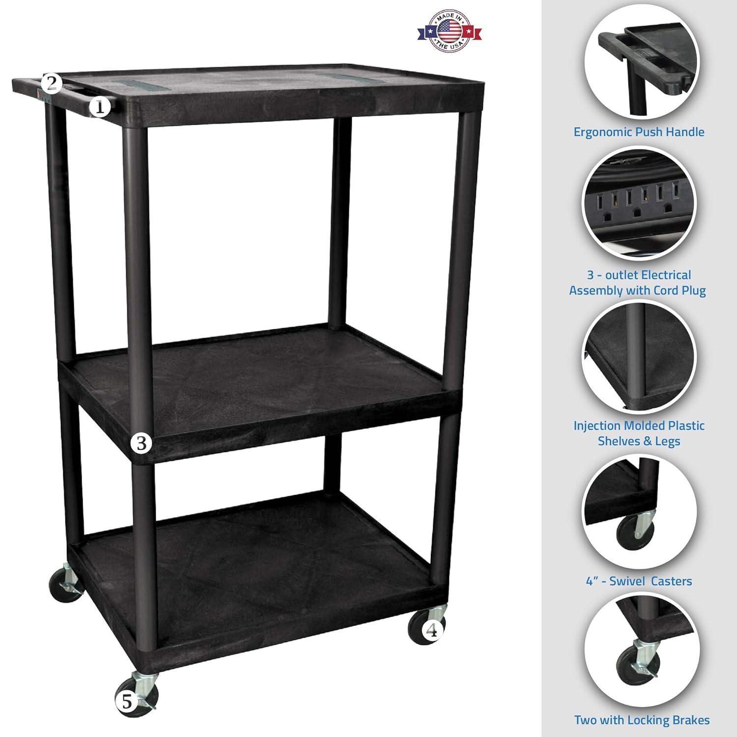 Black 3-Shelf Plastic AV Cart with Wheels