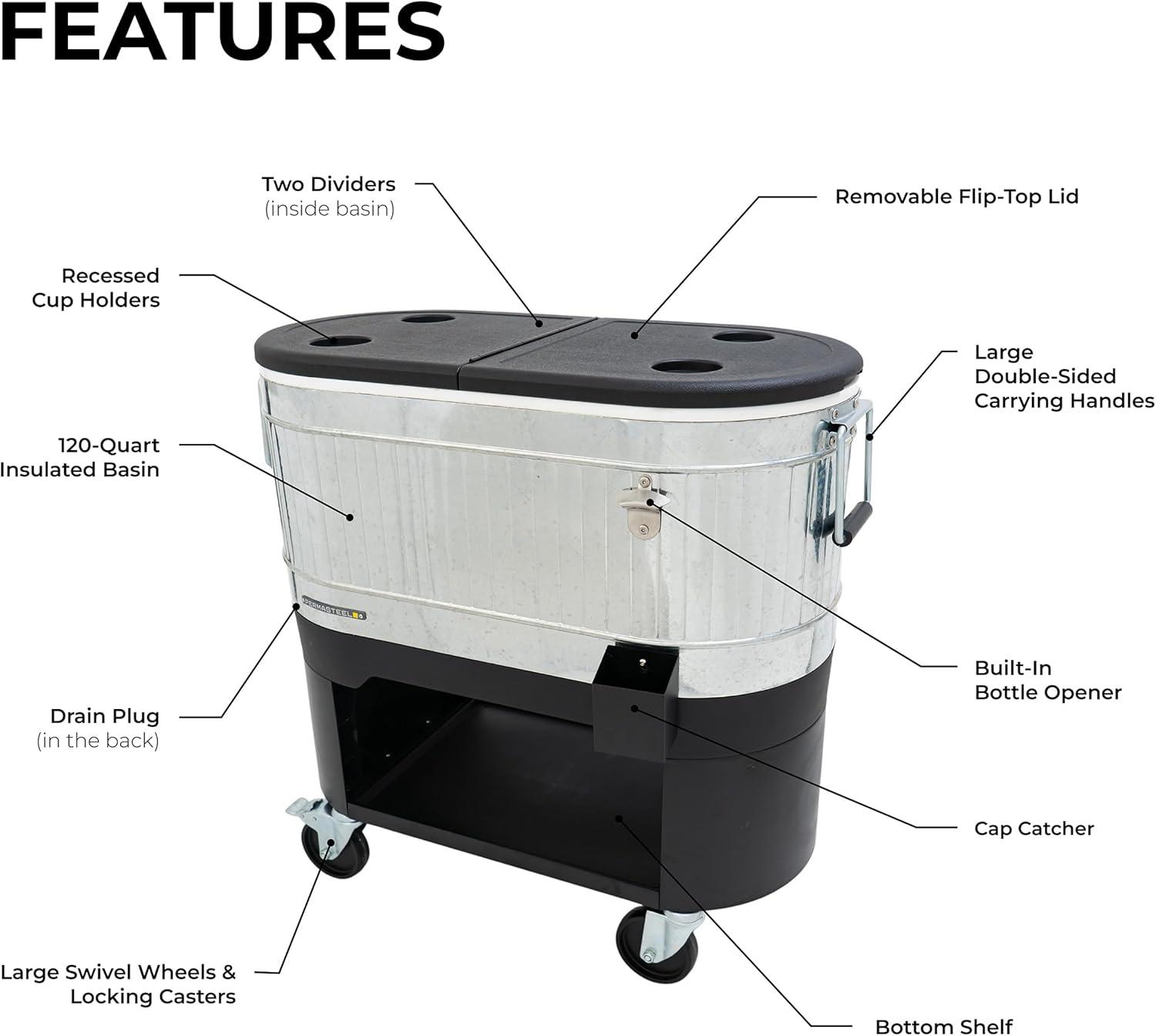 Permasteel 120-Qt Large Outdoor Cooler Cart on Wheels, Rolling Patio Cooler with Dividers for Separate Compartments