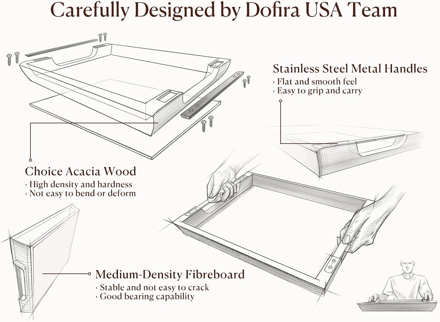 Acacia Wood Serving Tray With Metal Handles, 17X13in Food Drinks Tray For Coffee Table, Breakfast, Dinner & Bar, Rustic Decorative Storage Tray For Ottoman, Kitchen, Bedroom Gift Packaging