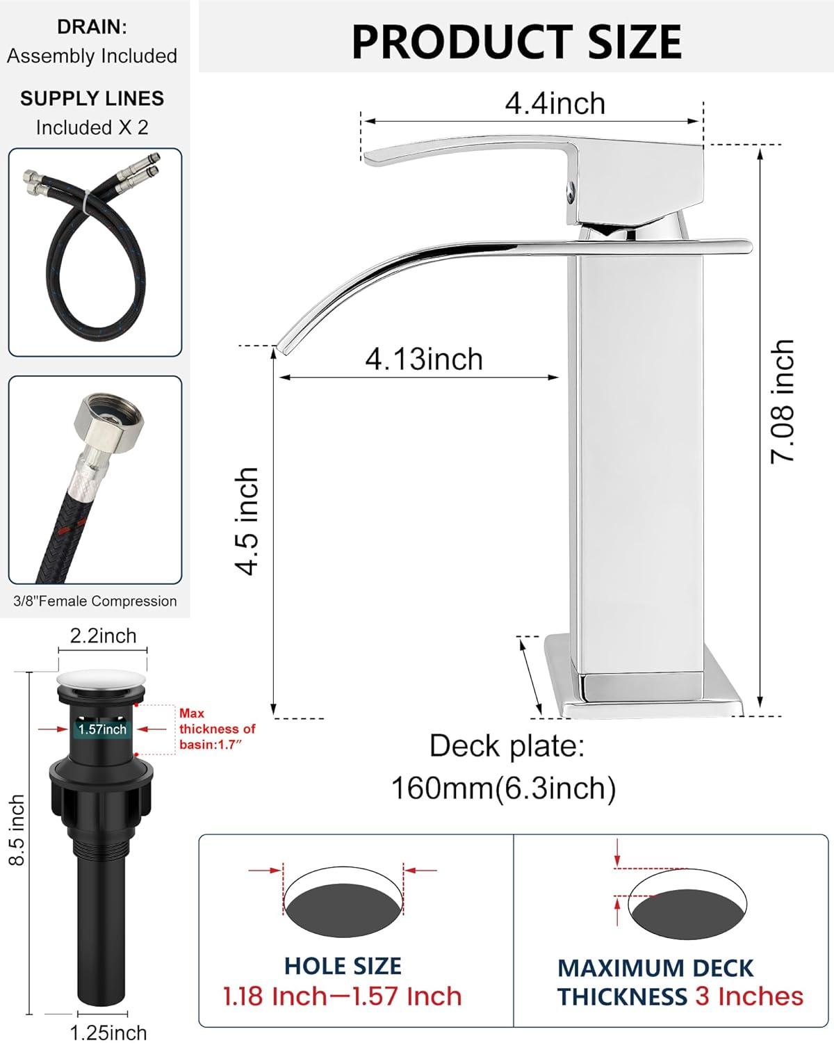 Midanya Waterfall Spout Bathroom Faucet Single Handle 1 Hole Bathroom Sink Faucet,Modern RV Lavatory Vanity Basin Tap with Water Hose,Short Body,Polish Chrome