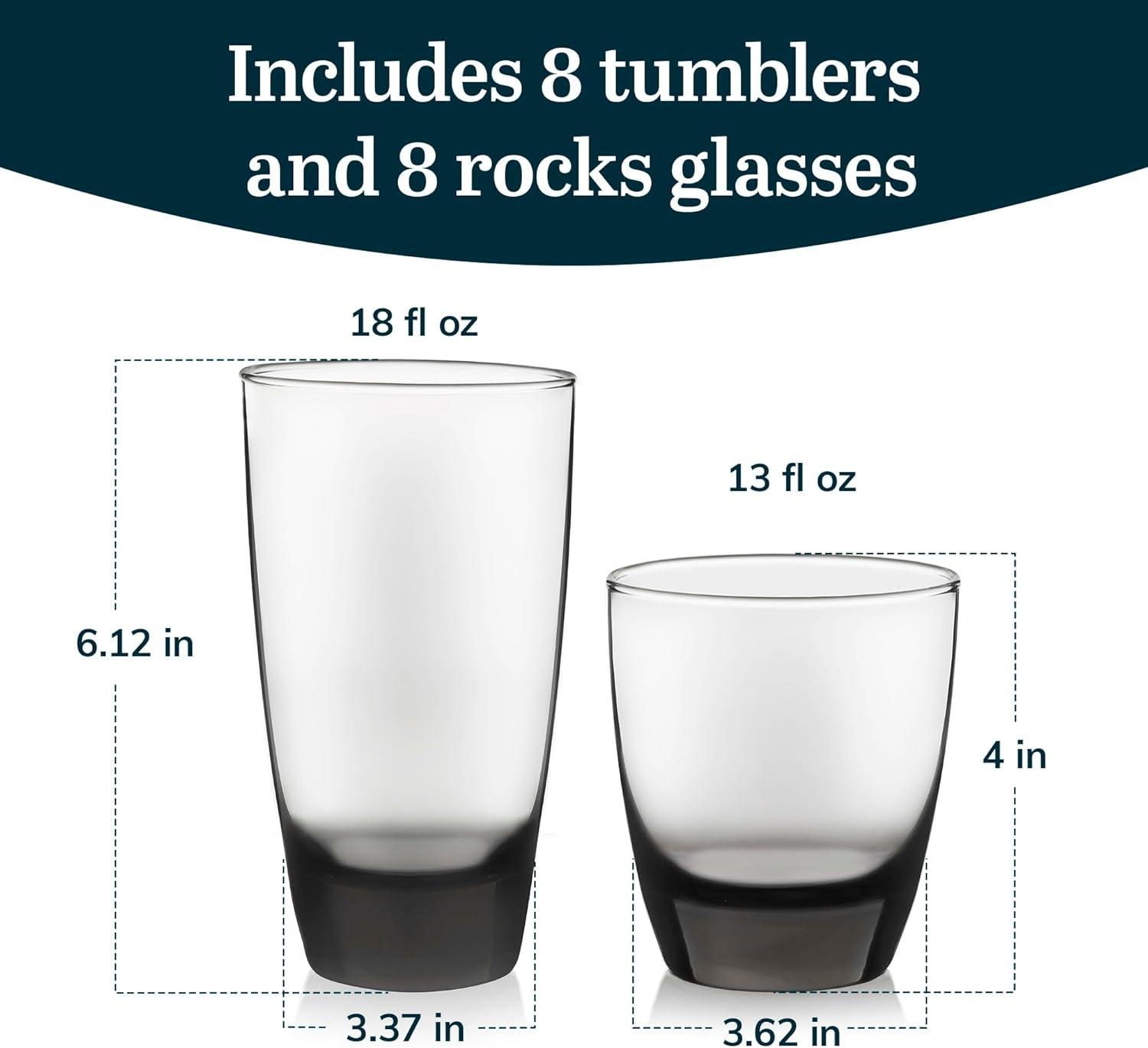 Libbey Smoke 16 Piece Tumbler and Rocks Glass Set