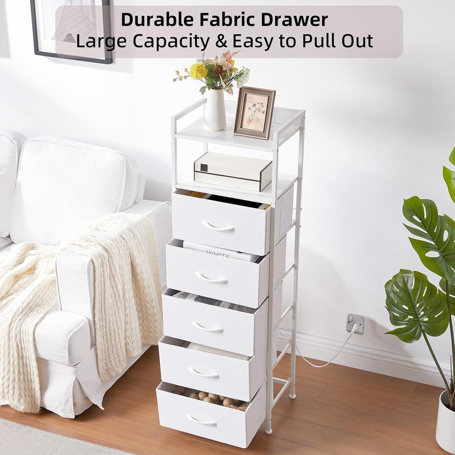 White Leather Vertical 5-Drawer Dresser with LED and Charging Station