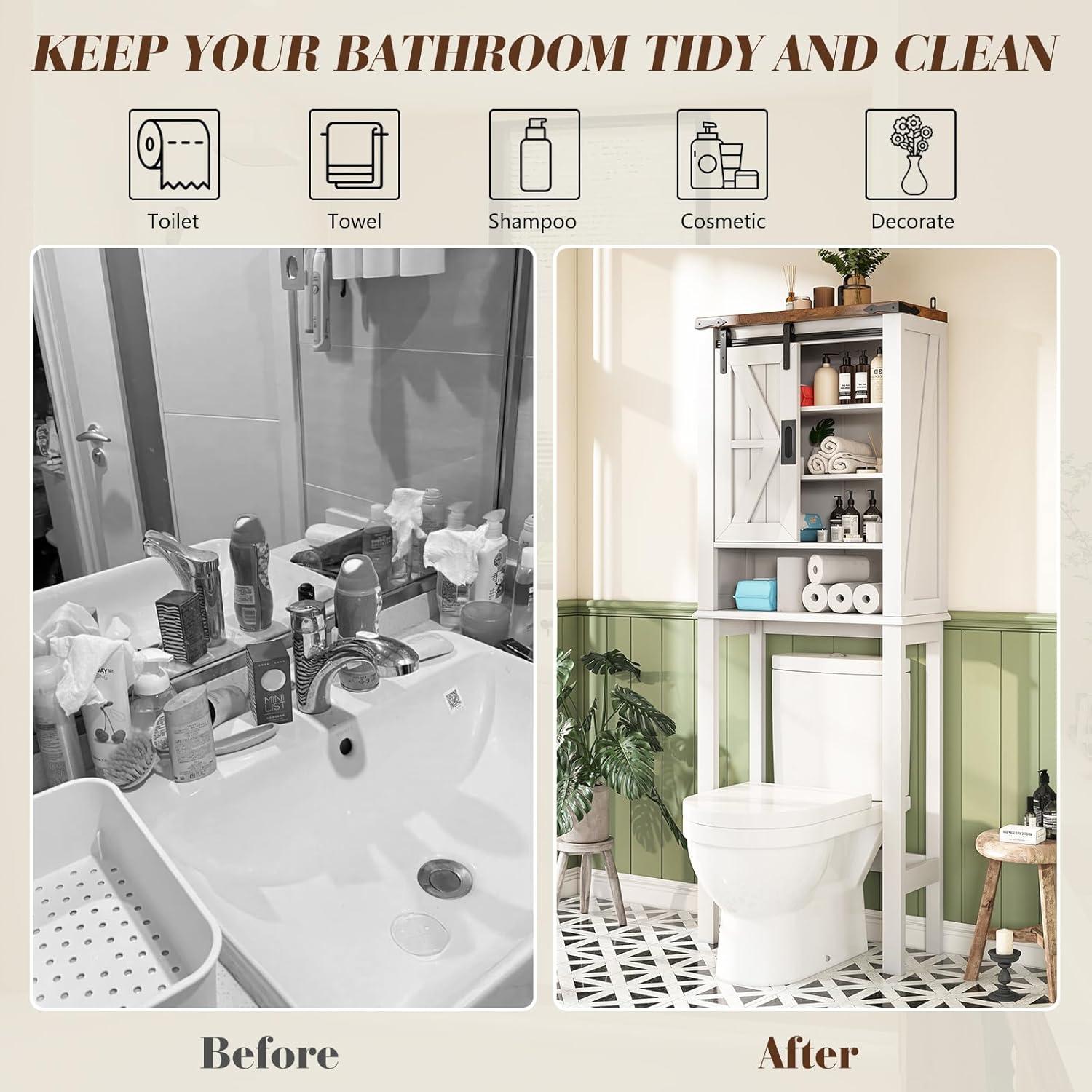 Farmhouse Over Toilet Cabinet, 68" Tall Toilet Organizer Stand with Sliding Barn Door & Adjustable Shelf, Above Toilet Storage for Bathroom, Laundry Room, Rustic Oak & White