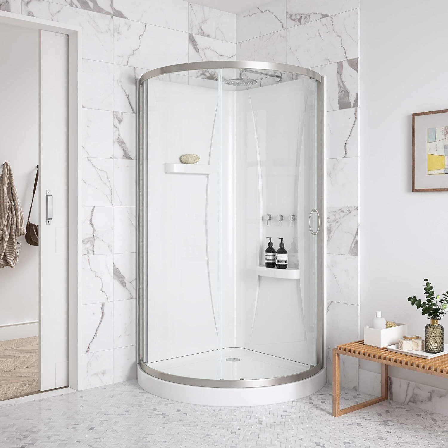 Breeze Framed 32 in. Round Sliding Shower Kit with Clear Glass Panels, Walls and Base included