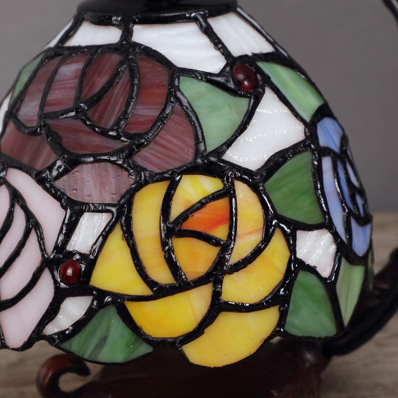 World Menagerie Rose Tiffany Style Stained Glass Table Lamp With 6-Inch Wide Lampshade Hanging On The Cast Iron Base (Pink)