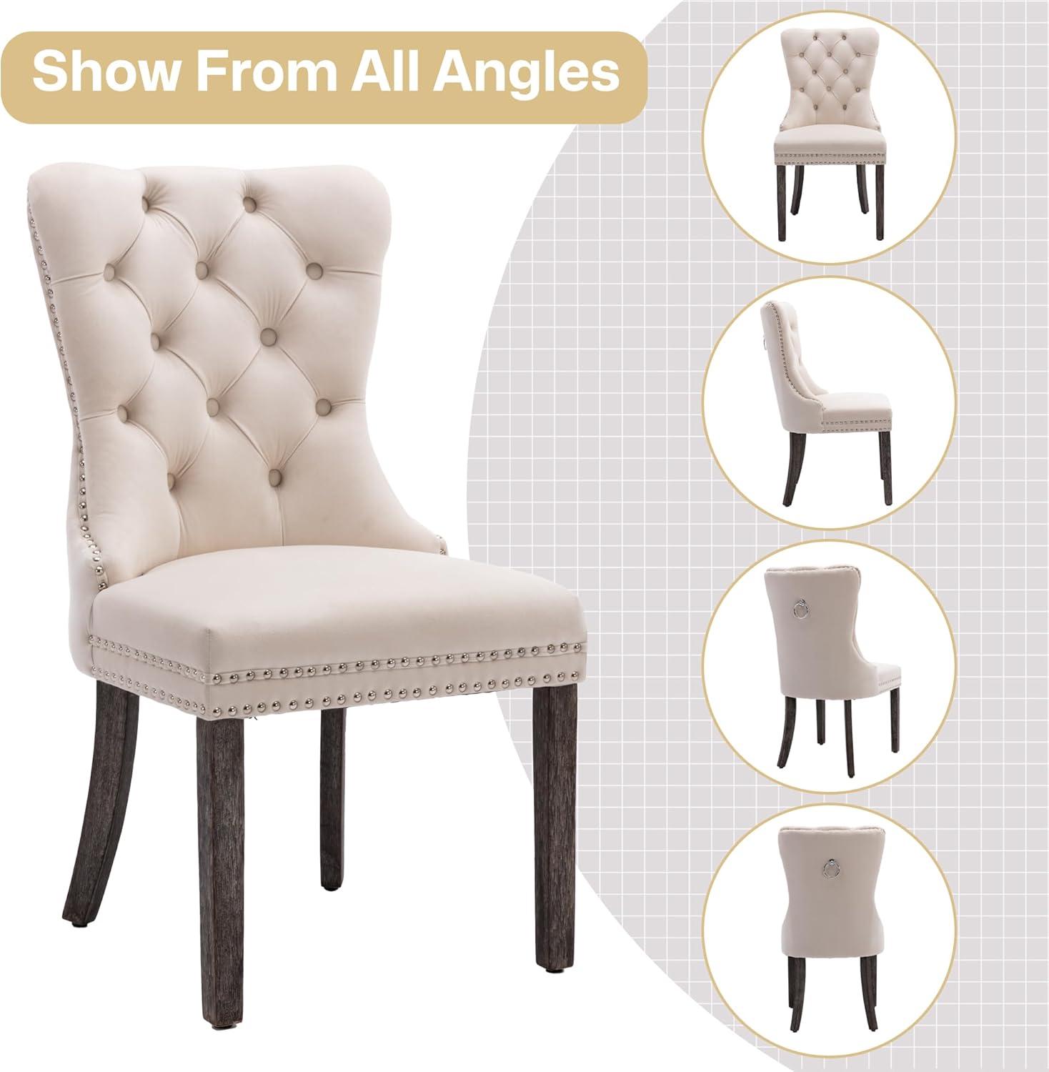 Velvet Dining Chairs Set of 4, Nikki Collection Dining Room Chairs with Wood Legs and Pull Ring, Luxury Side Chair with Nailhead Trim and Button Tufted Back, Beige