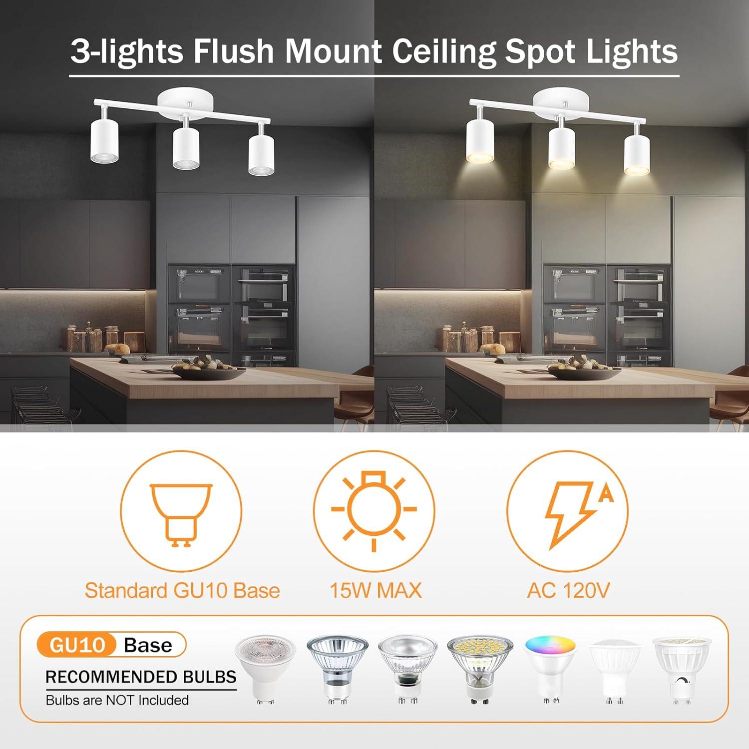 LED 3 Light Track Lighting Kit, LED Track Lighting Fixtures, White Round Ceiling Spot Lighting, Flexibly Rotatable Light Head for Kitchen, Living Room, Bedroom, GU10 Bulb Not Included