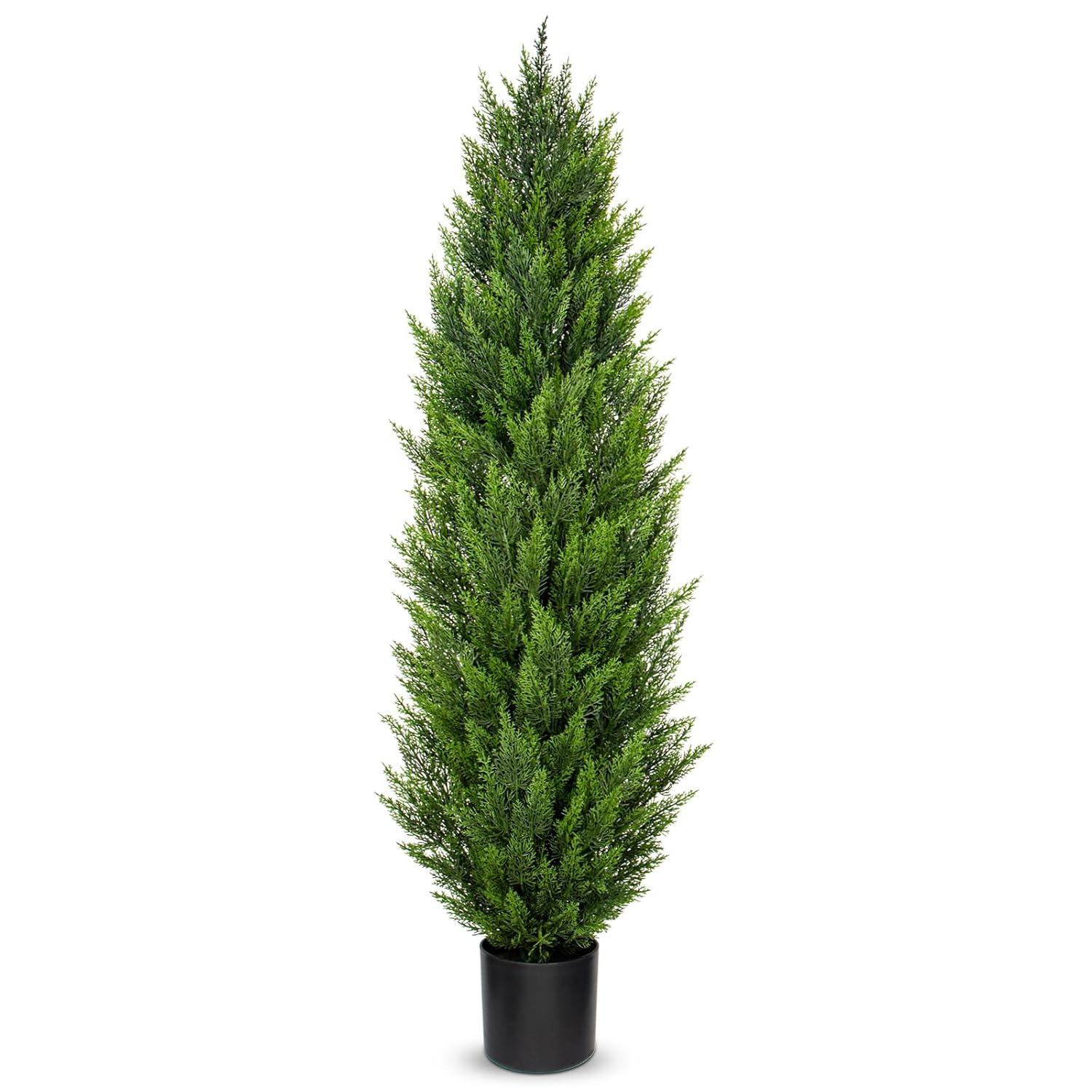 5ft Artificial Cedar Topiary Trees for Outdoors, Fake Cypress Plants with Solar Light String, Faux uv resistant Plants for Home Front Porch Decor, Housewarming Gift