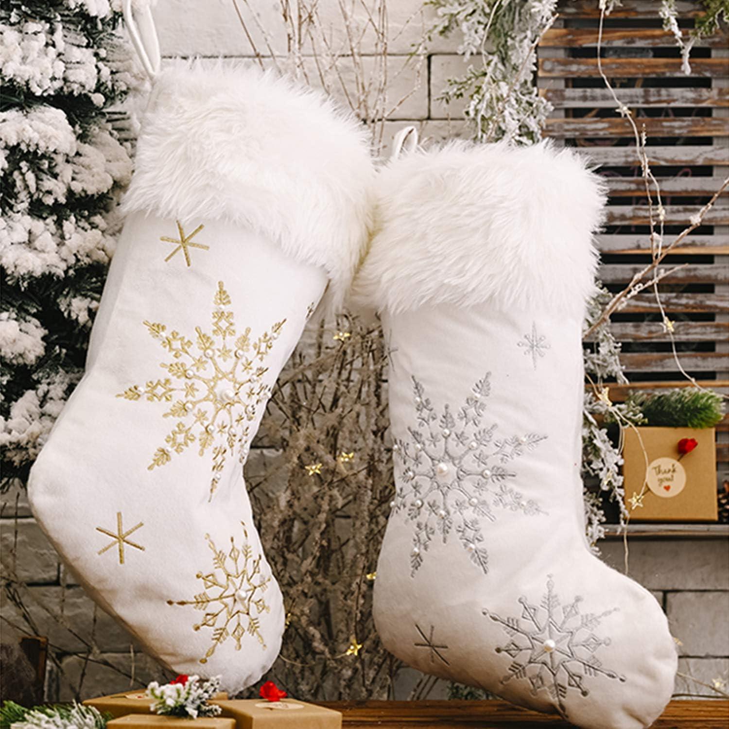 White Christmas Stockings 1 Pack, Family Stockings Christmas 19.7” Large Christmas Stockings with Plush Faux Fur Cuff (Silver/Gold Snowflake Embroidery) Giant Xmas Stockings Hanging Stockings