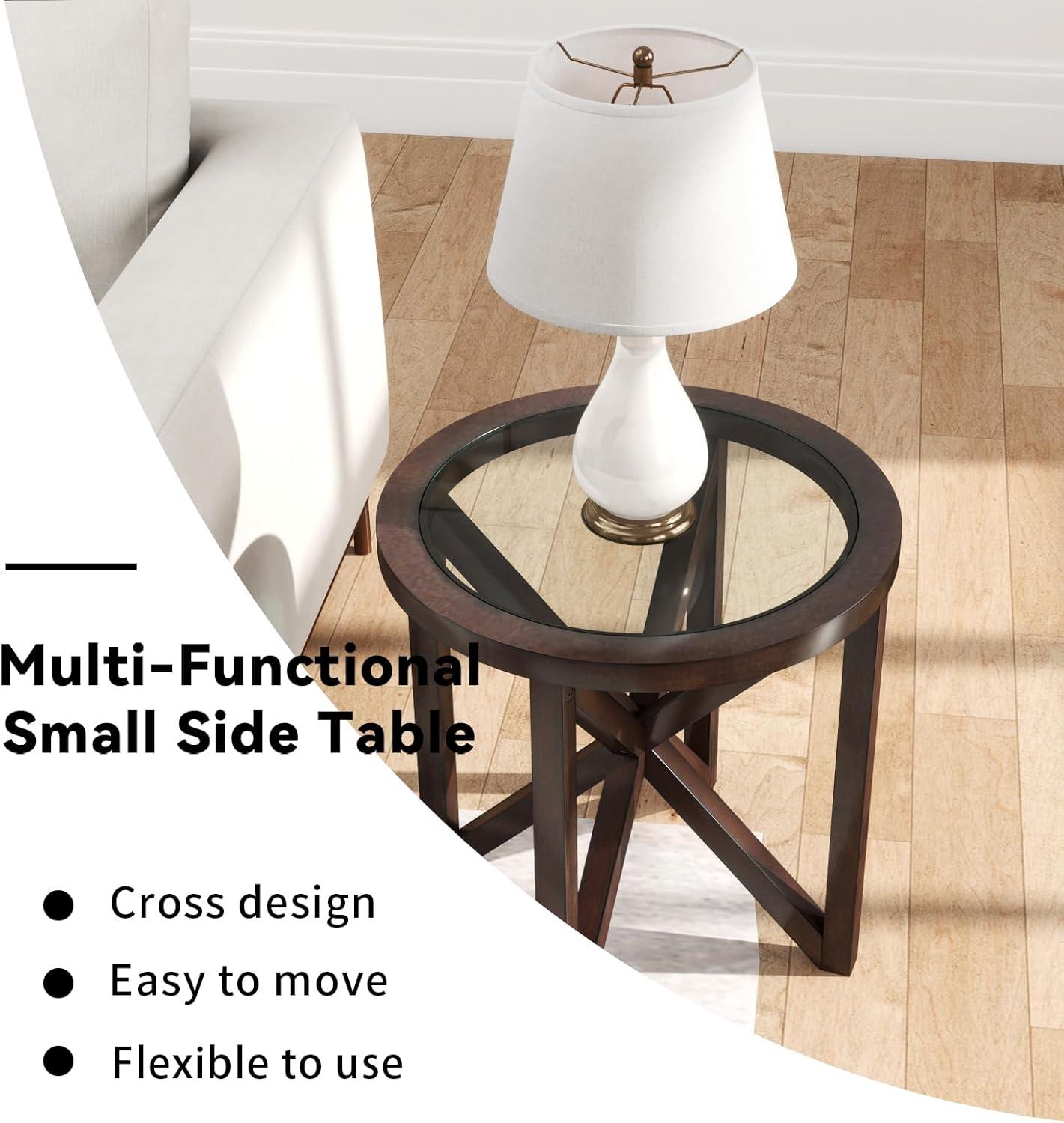 Modern Sofa Side Table, Coffee Table With Round Transparent Glass Top, Small End Table With Solid Wood Tripod For Living Room, Bedroom, Terrace