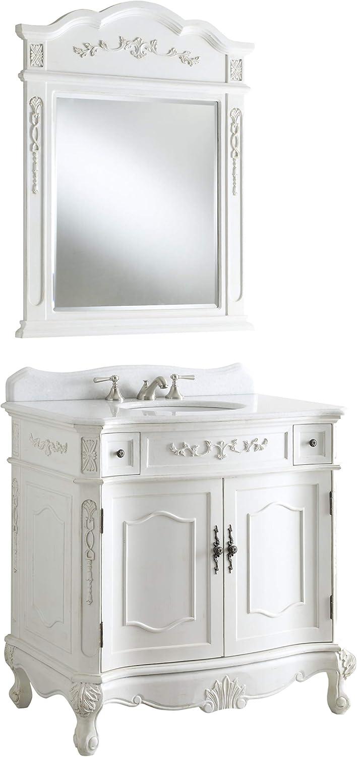 36" Antique White Wood Bathroom Vanity with Marble Top and Mirror