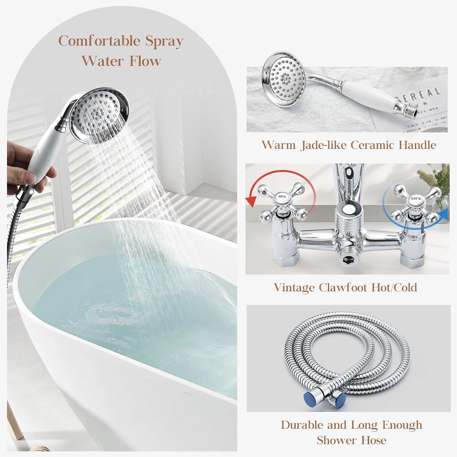 Wasserrhythm Clawfoot Tub Faucet and Shower Kit Chrome Wall Mount Tub Faucet G1/2 Vintage Tub Faucet Victorian Clawfoot Tub Faucet with Hand Shower Set Brass Double Cross Handle