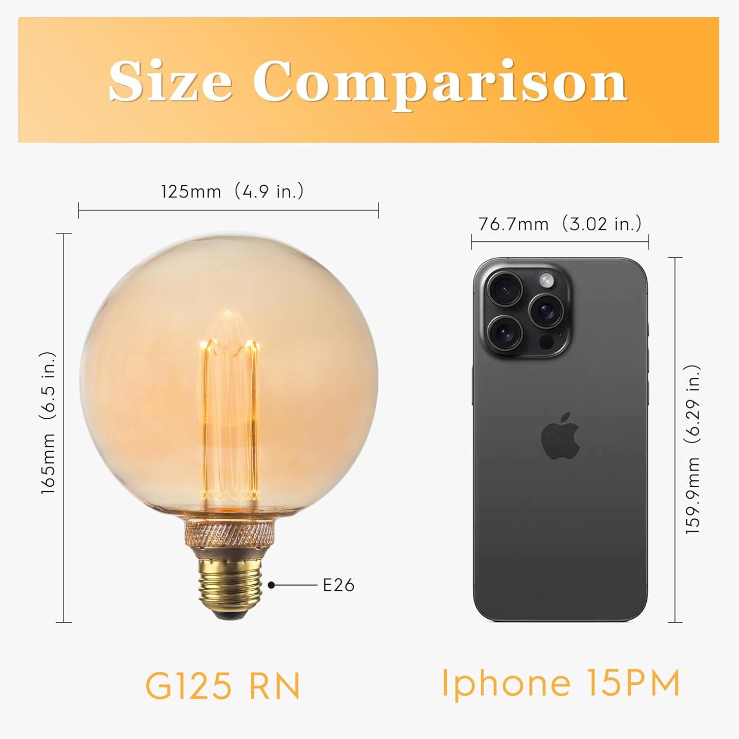 3.5W LED G125 Globe Edison Bulbs Dimmable, Virtual Filament Vintage Decorativ Bulb, Amber Glass, E26 Base, 2000K Soft Warm, UL Listed