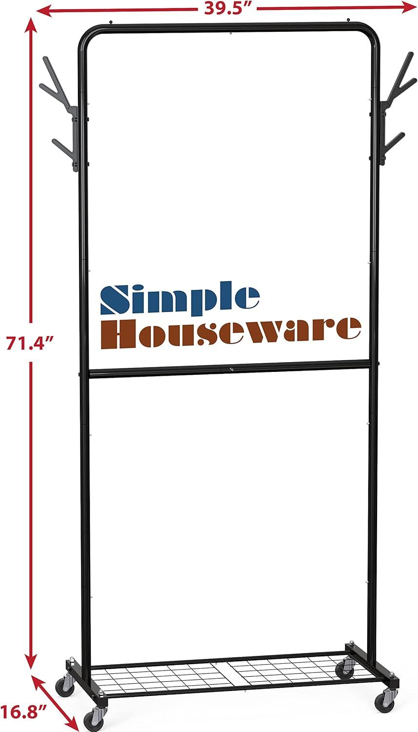 Black Metal Double Rod Garment Rack with Wheels and Hooks