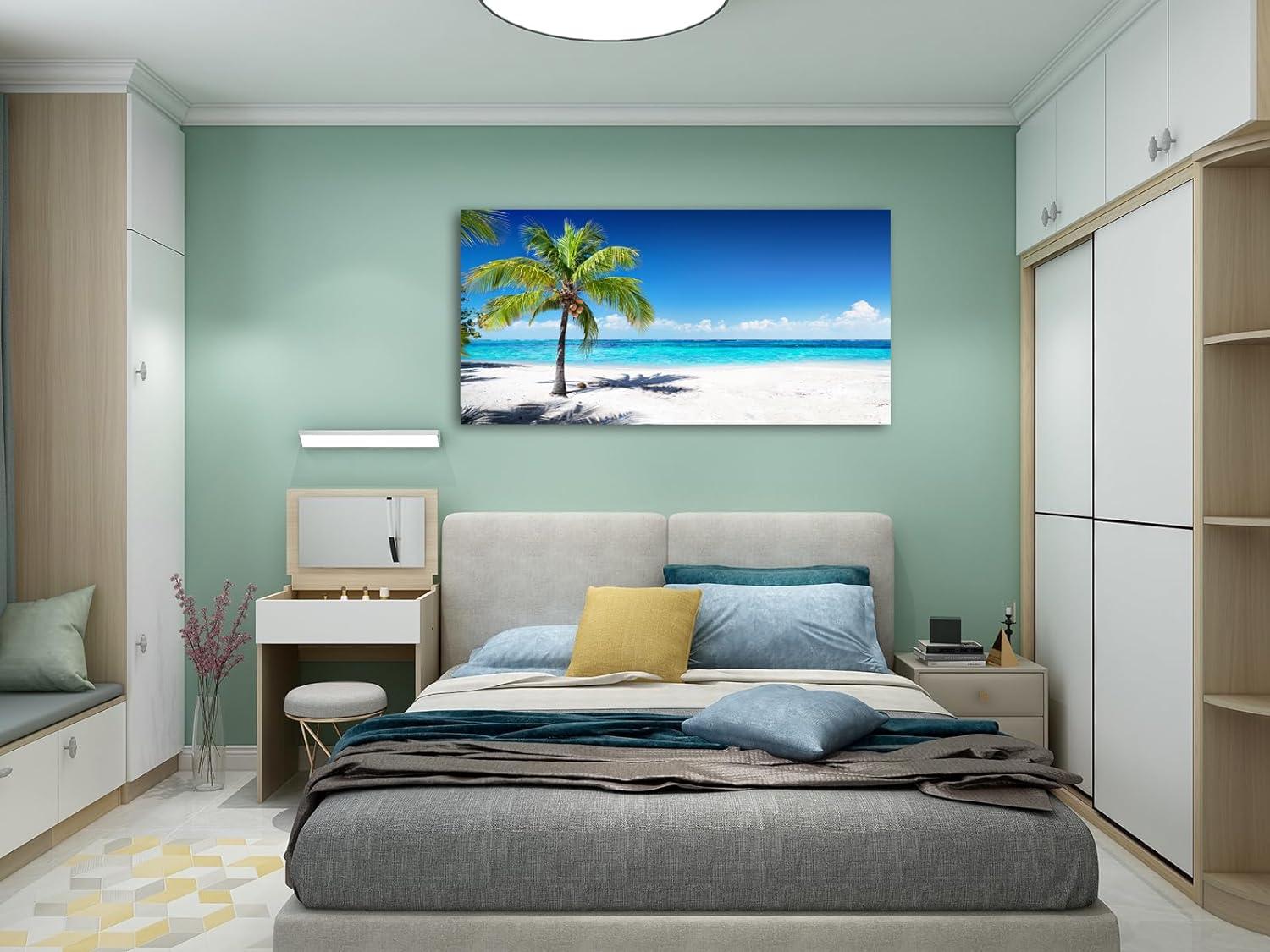 Large Blue Ocean Landscape Canvas Print with Palm Tree