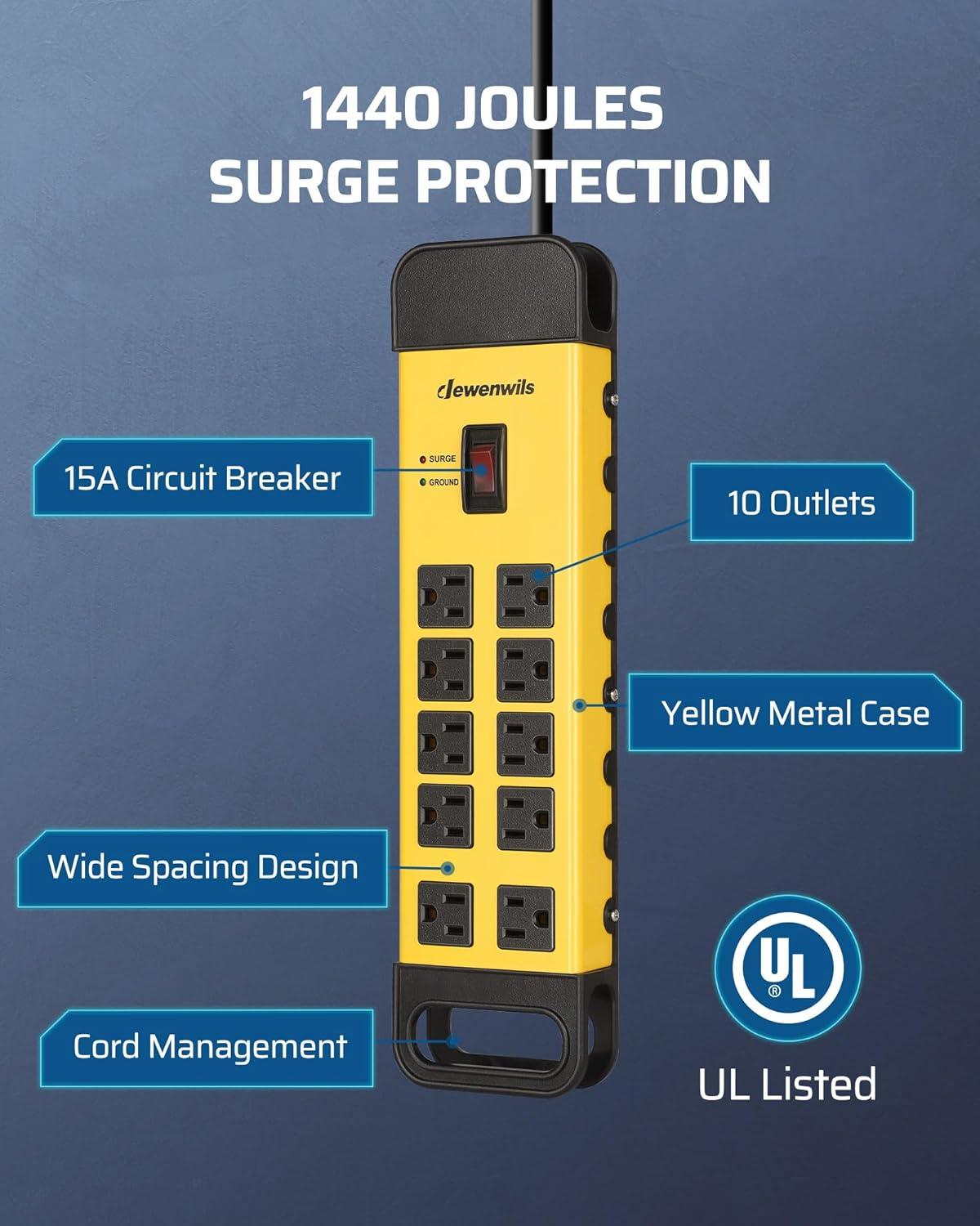 DEWENWILS 10 Outlets Heavy Duty Metal Surge Protector Power Strip with 15ft Long Cord, Flat Plug, 1440Joules