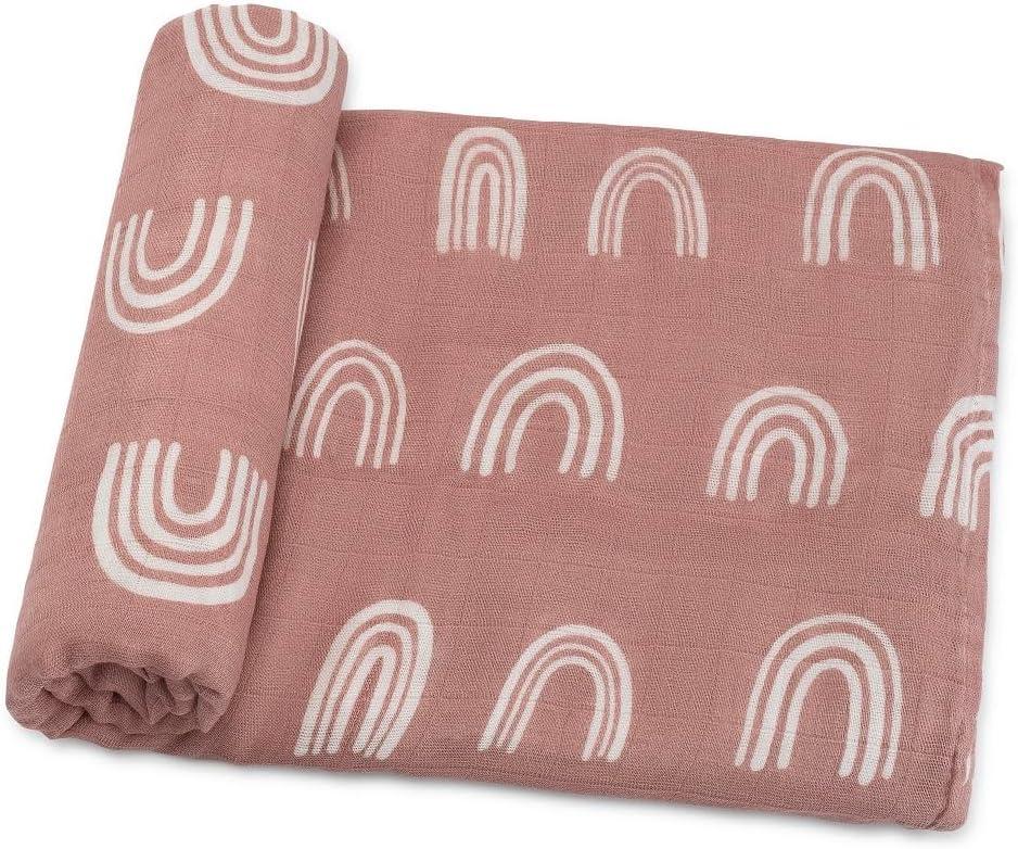 Muslin Swaddle Blankets Neutral Receiving Blanket For Boys And Girls By Comfy Cubs - Pack of 1 - Mauve Rainbow