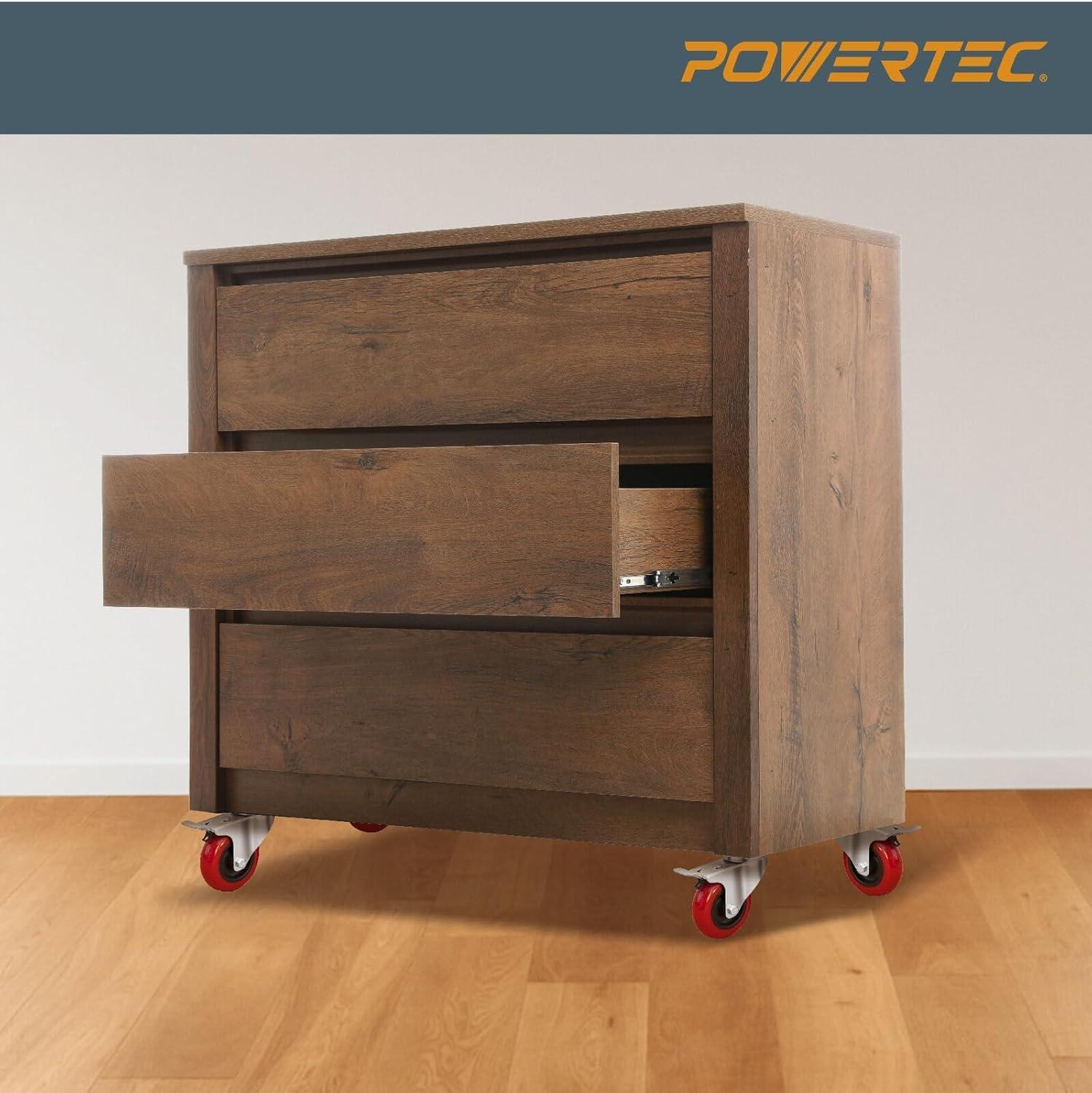 POWERTEC 4PK 3-Inch Swivel Caster Wheels with Brake & 640 lbs Loads, Heavy Duty Plate Casters, Dual Locking PU Castor Wheels for Furniture, Cart, Dolly and Workbench, 17205