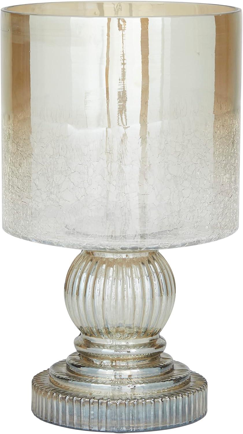 DecMode Brass Glass Handmade Turned Style Pillar Hurricane Lamp with Faux Mercury Glass Finish