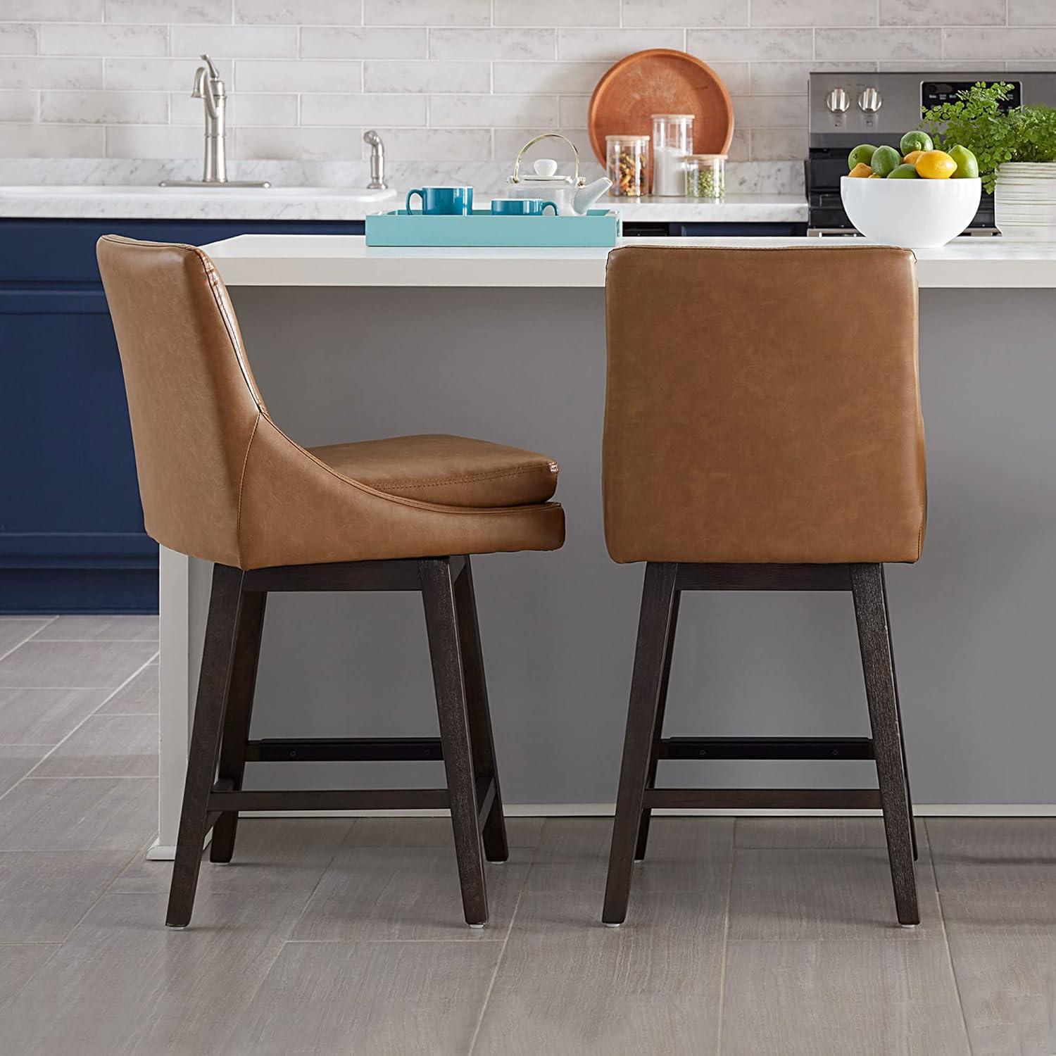 Fiona 26.8 in. Saddle Brown High Back Solid Wood Frame Swivel Counter Height Bar Stool with Faux Leather Seat(Set of 2)