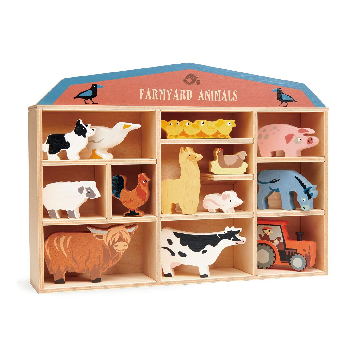 Tender Leaf Toys Farmyard Animals – 13 Wooden Country Farm Figurines with a Display Shelf - Classic Toy for Pretend Play – Develops Creative & Imaginative Skills – Learning Role Play – Ages 3+ Years