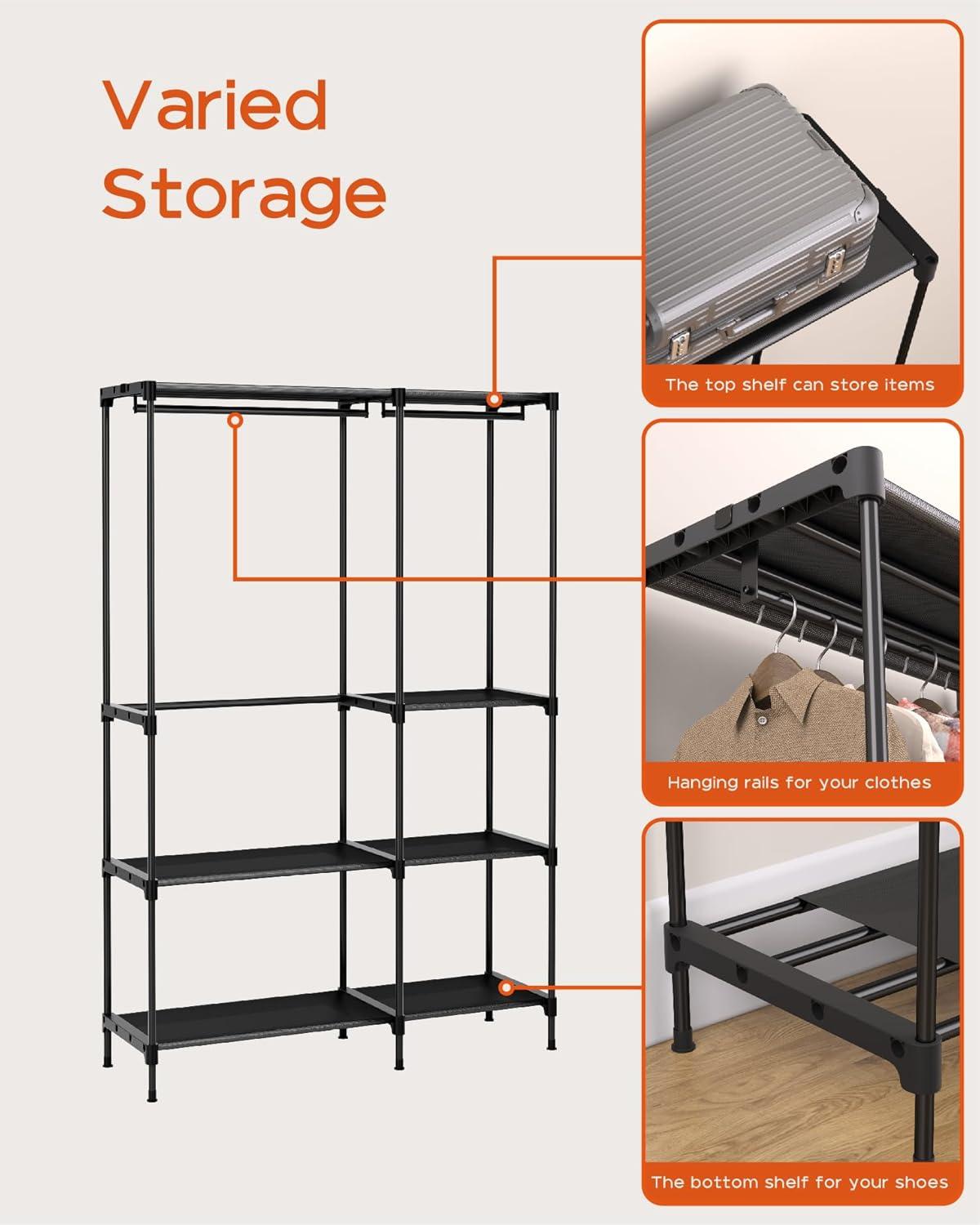 SONGMICS Portable Closet Freestanding Closet Organizer Clothes Rack with Shelves Hanging Rods Black