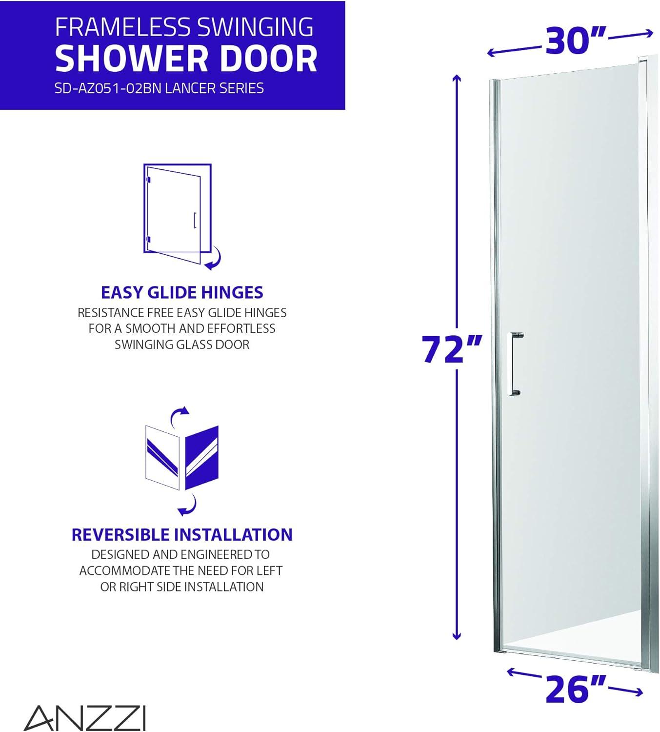 Anzzi  29 x 72 in. Lancer Series Semi-Frameless Shower Door with Tsunami Guard, Brushed Nickel