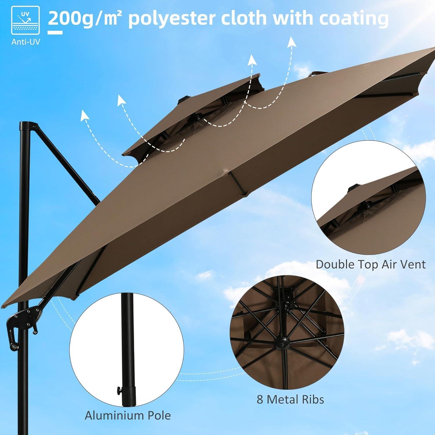 Outsunny 10ft Offset Patio Umbrella with Base, Double Top Hanging Aluminum Cantilever Umbrella with 360-degree Rotation, Easy Tilt, 8 Ribs, Crank, Cross Base, Cover, Strap