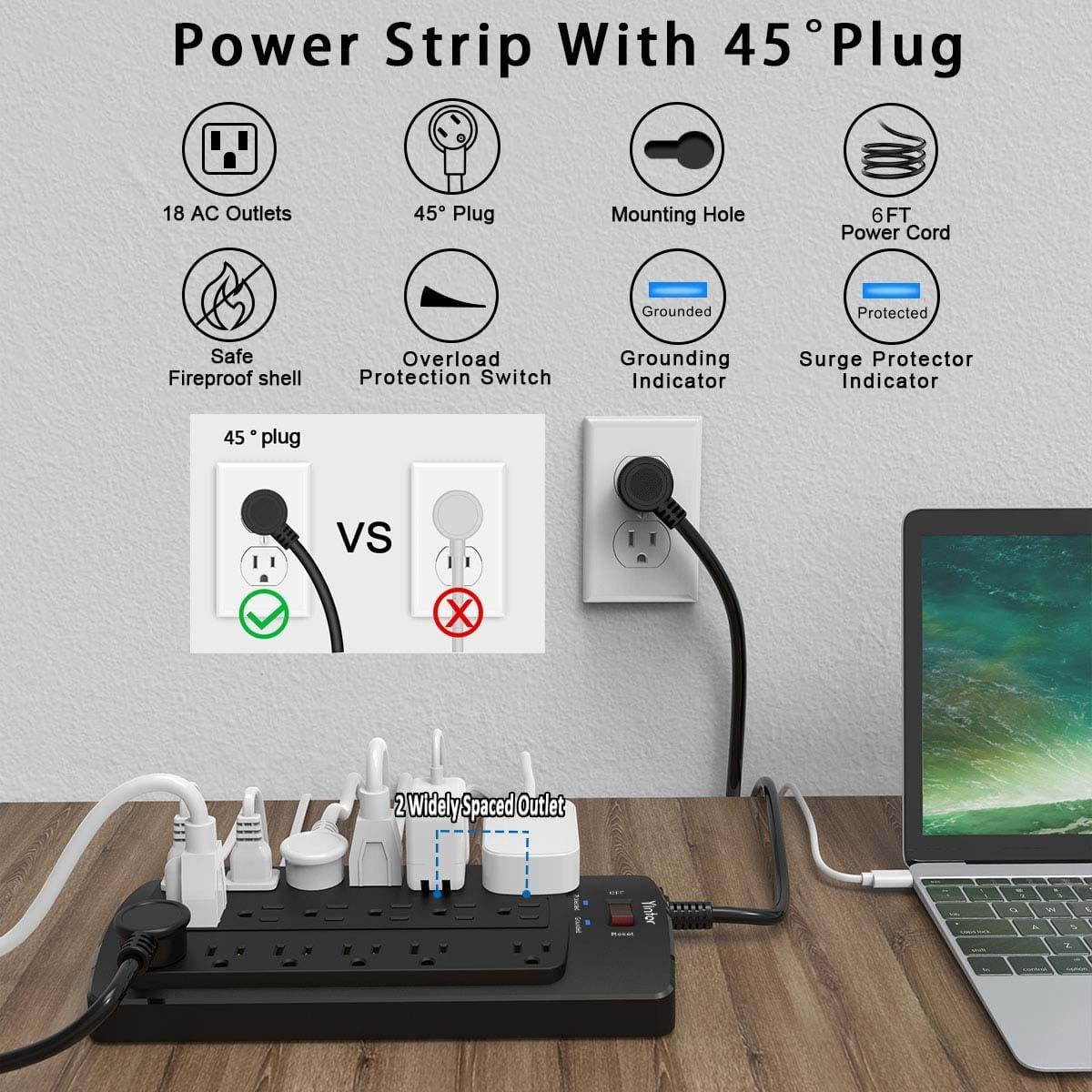 Heavy Duty Black 18-Outlet Surge Protector Power Strip with USB Ports