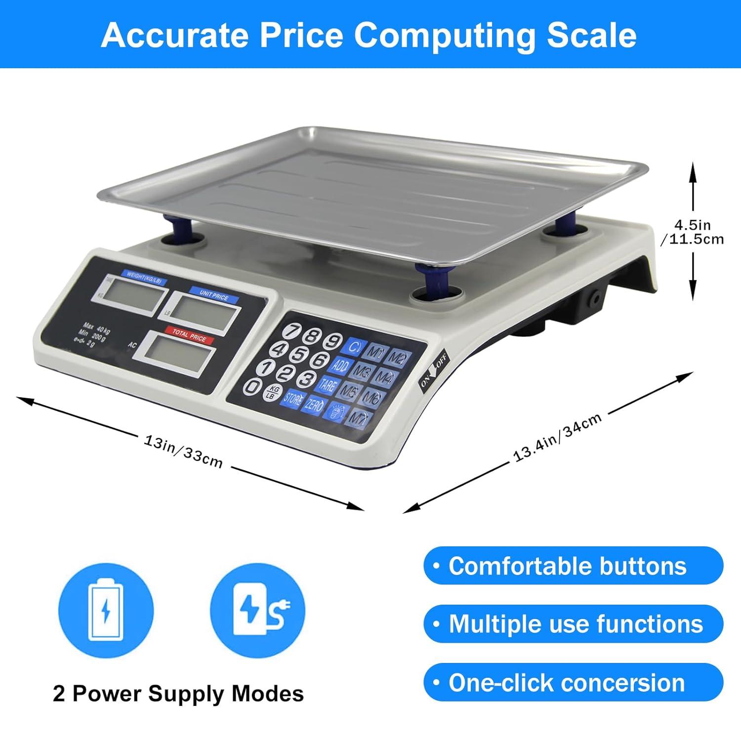 Price Computing Scale 88lb/40kg LCD Digital Commercial Price Scale with Stainless Steel Platform,Produce Scale & Food Scale for Farmers Market, Retail Outlets, Meat Shop (Flat Plate)
