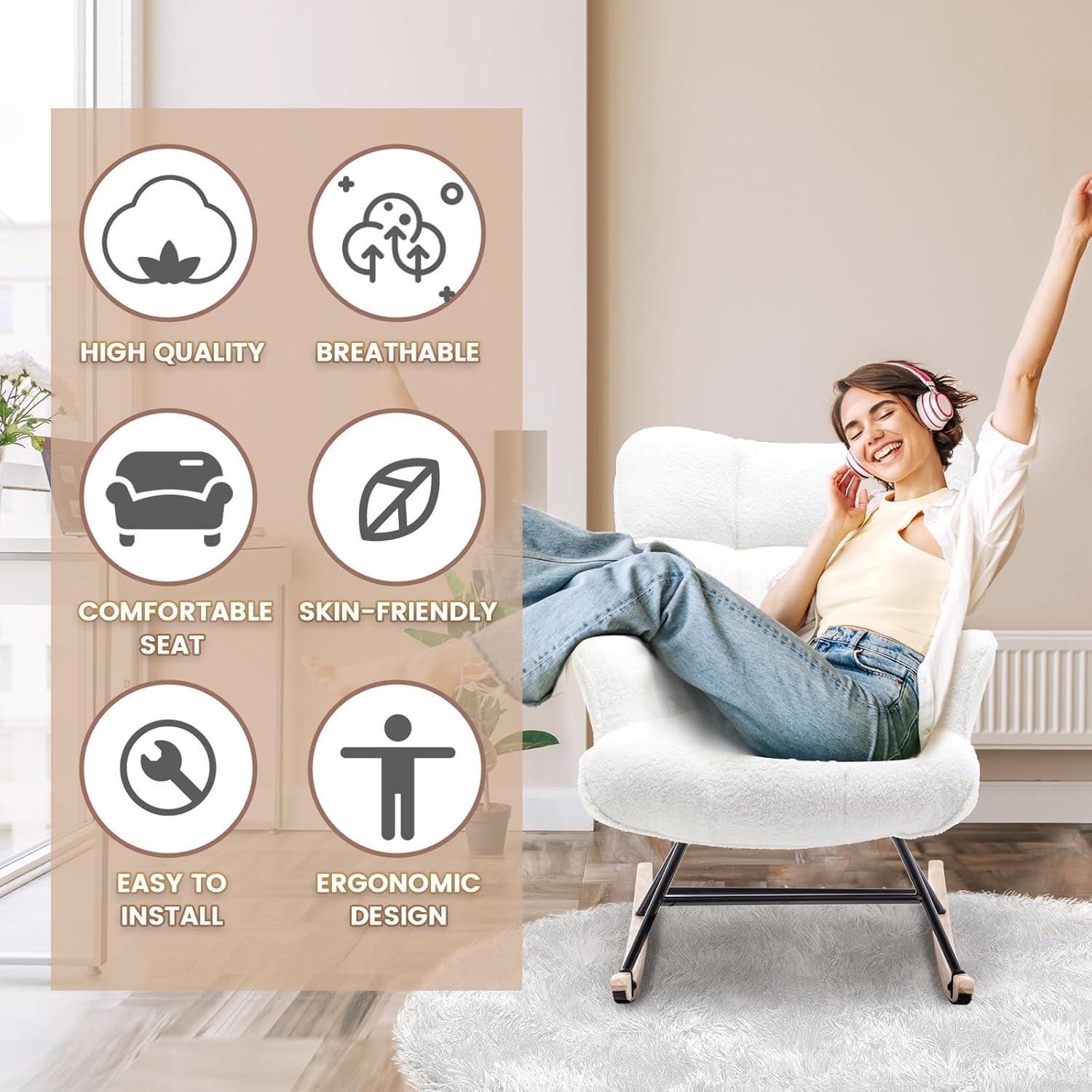 Nursery Rocking Chair Teddy, Upholstered Glider Rocker with High Backrest, Comfortable Stylish Accent Armchair with Padded Seat for Living Rooms, Bedrooms, Offices