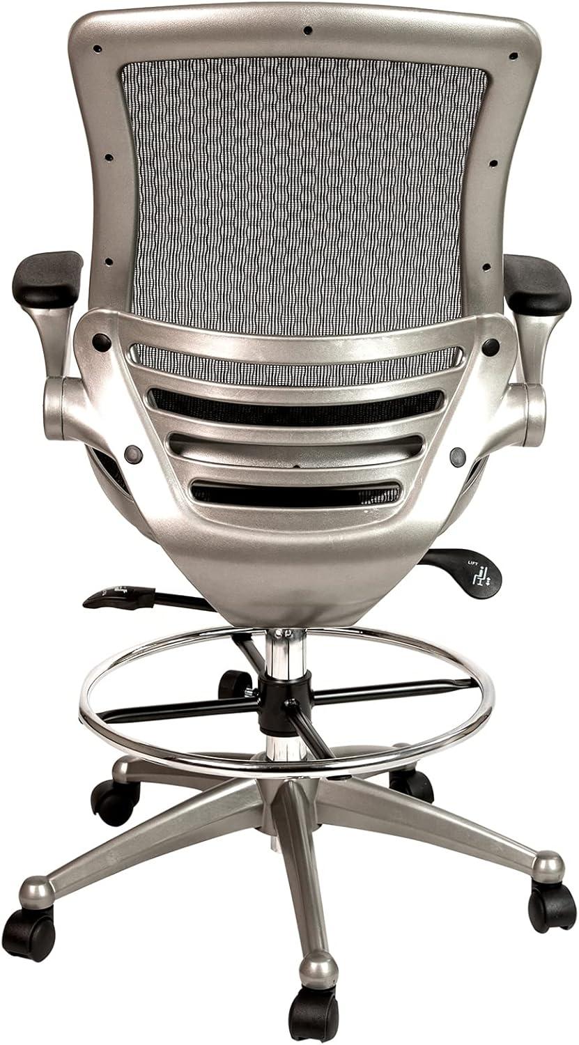 Flash Furniture Mid-Back Transparent Black Mesh Drafting Chair with Graphite Silver Frame and Flip-Up Arms