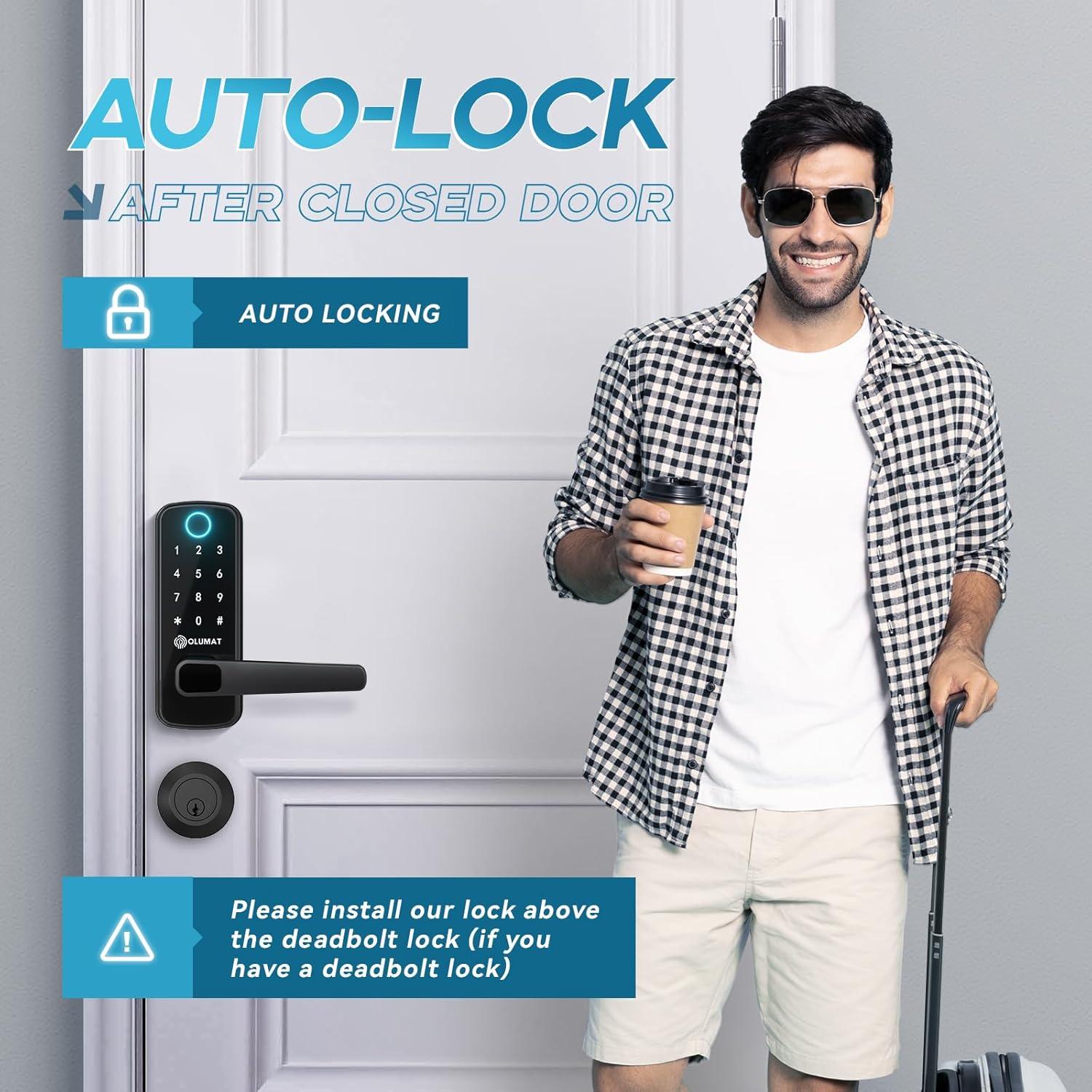 Smart Door Lock, OLUMAT Keyless Entry Door Lock Fingerprint Door Lock with Keypad Digital Door Lock with Handle for Home, Rental, Office and Hotel-Black