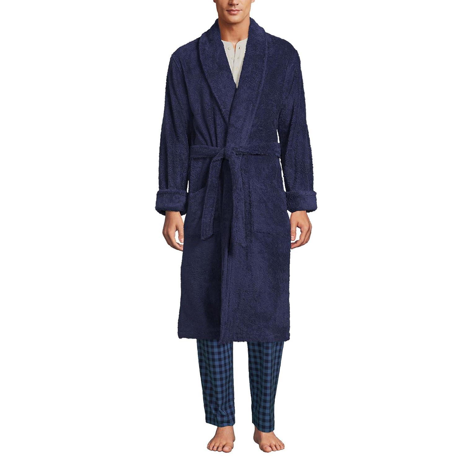 Lands' End Men's Calf Length Turkish Terry Robe - Medium - Deep Sea Navy