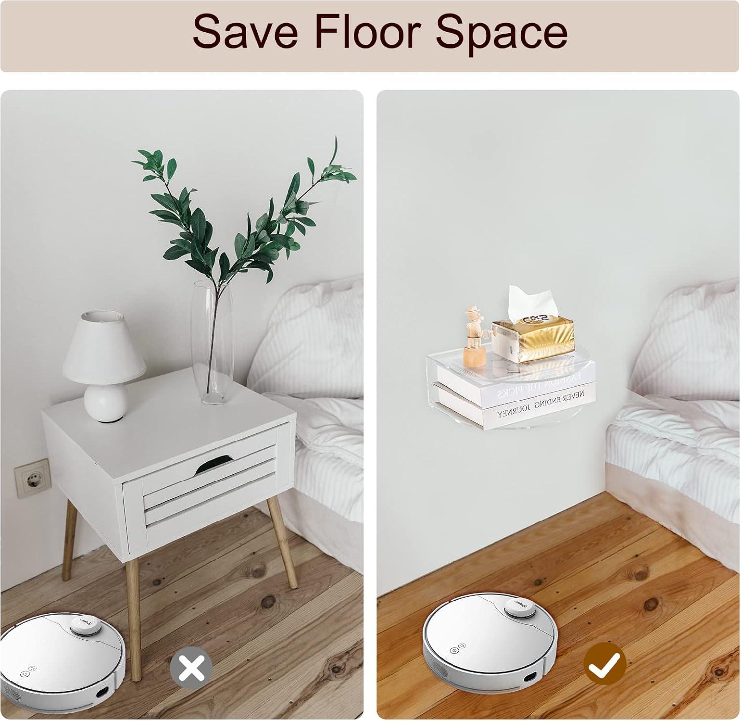 HMYHUM Acrylic Floating Nightstand Set of 2, Wall Mounted Bedside Table for Bedroom, Hanging, 8 lbs Load, 10.5" L x 10 "W x 4" H, Clear