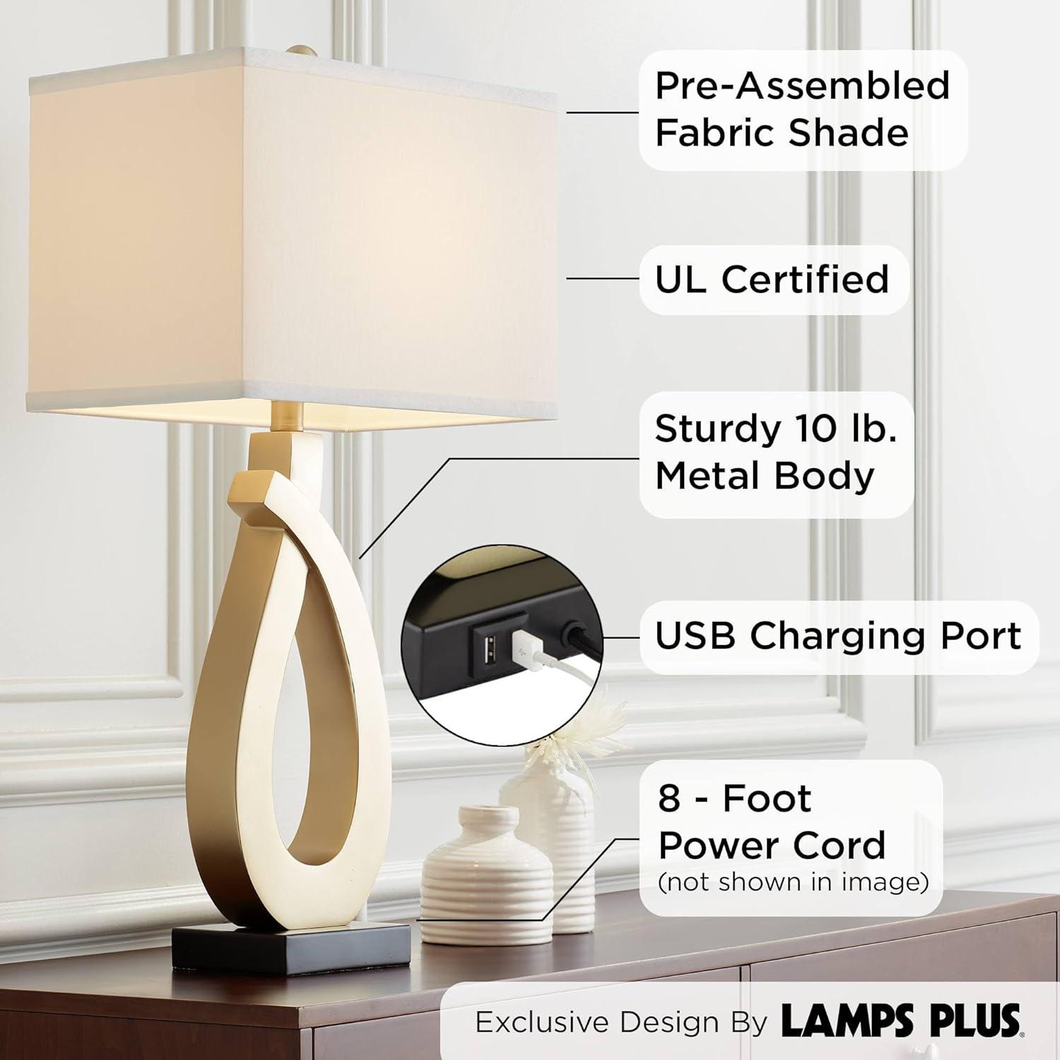 360 Lighting Simone Modern Table Lamps 28" Tall Set of 2 Sculptural Gold Metal USB Charging Port White Rectangular Shade Bedroom Living Room