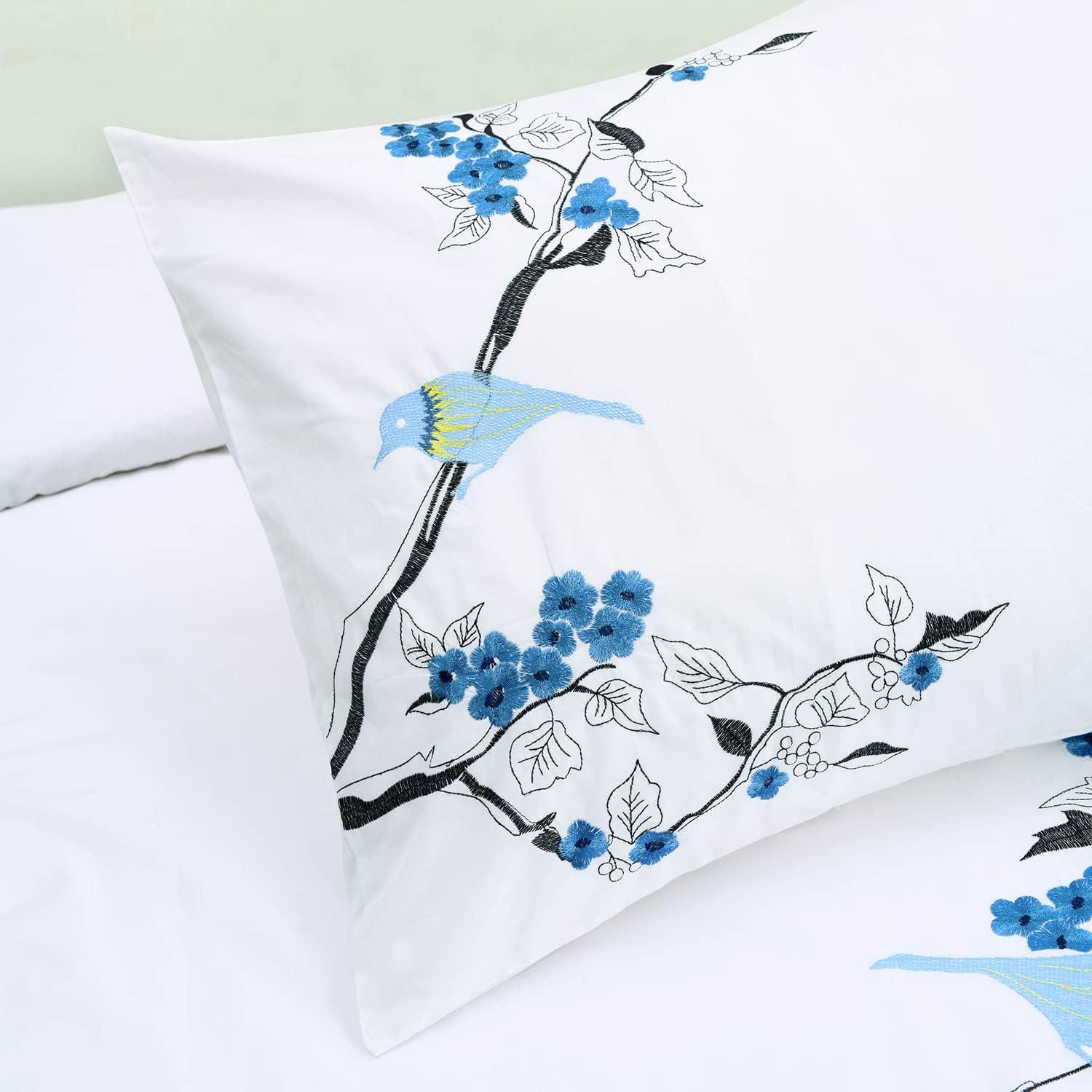 Cherry Garden 100% Cotton Embroidered Floral Bird Duvet Cover Set Blue / King/Cal King