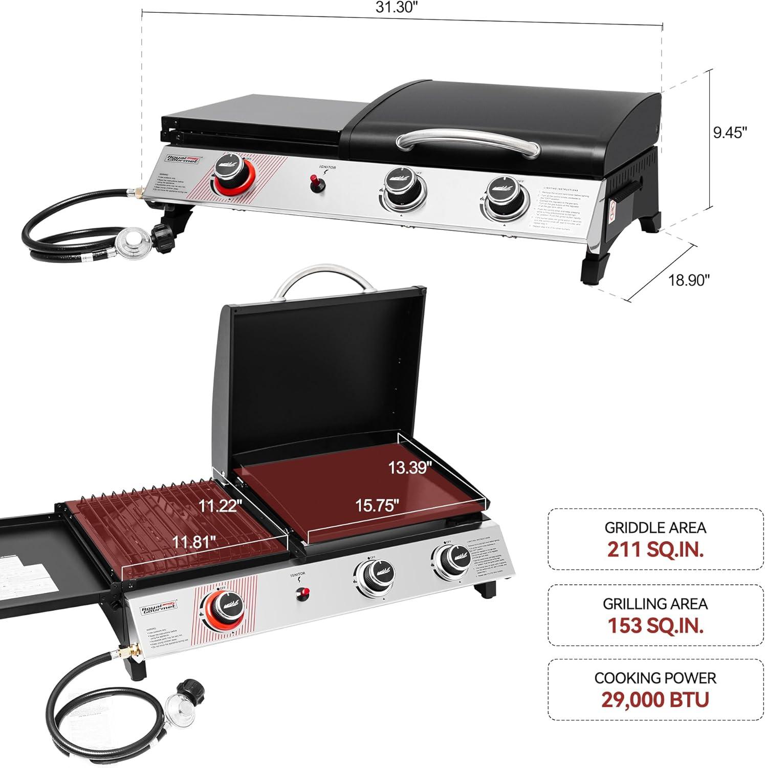 Silver and Black 3-Burner Portable Gas Griddle with Side Burner