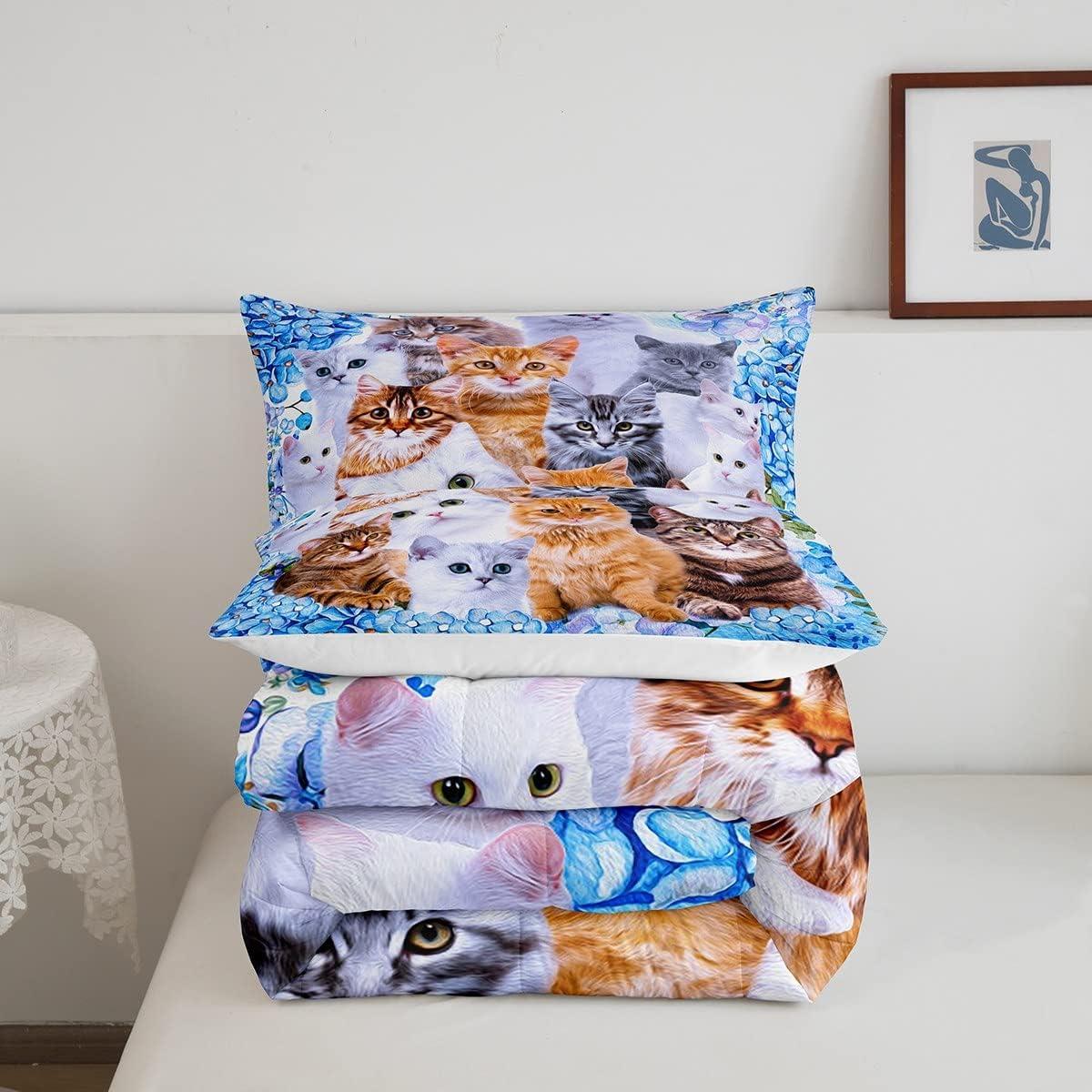 Queen Size Multicolor Microfiber Cat Print Bedding Set