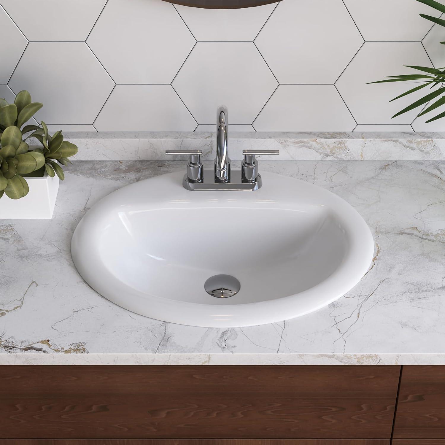 20'' x 17'' White Oval Vitreous China Drop-in Bathroom Sink with Overflow