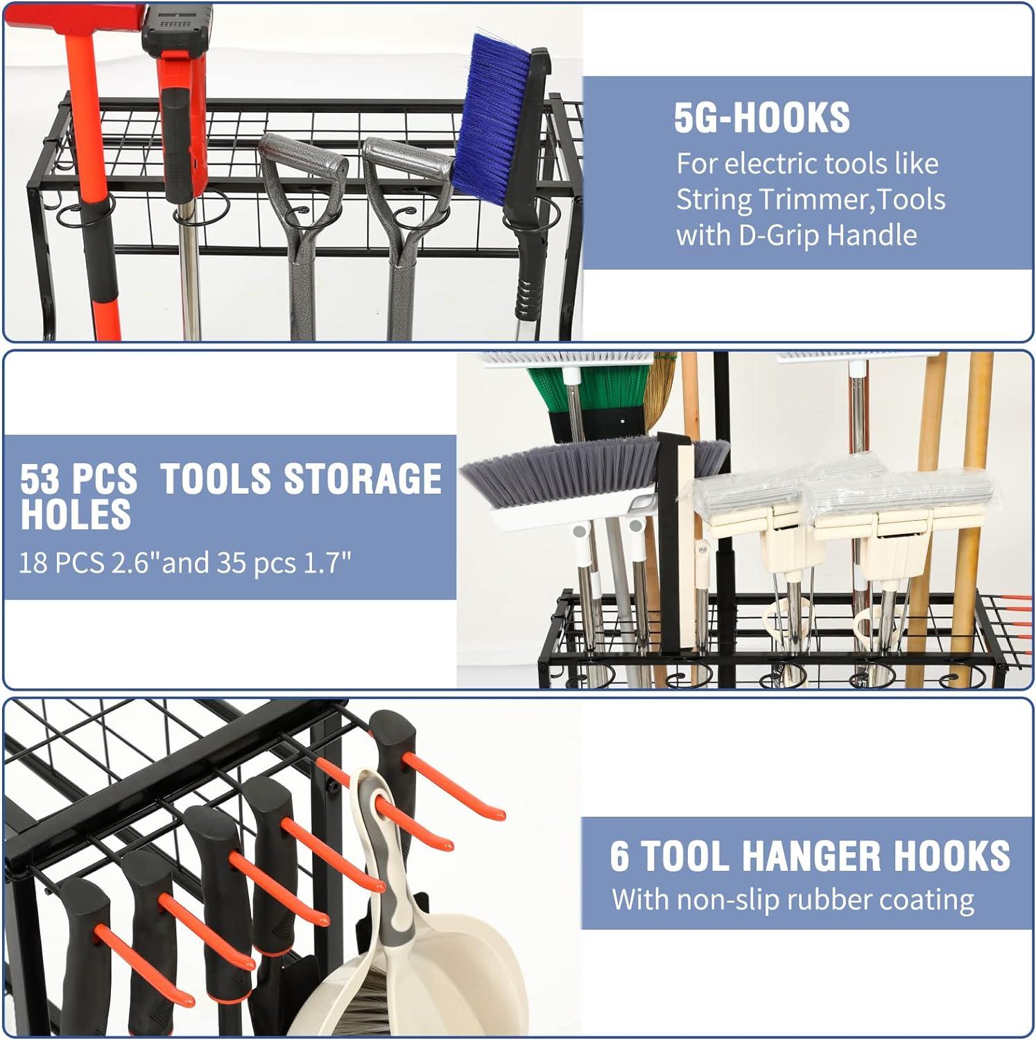 RILVIX Garden Tool Organizer for Garage, Holds Up to 58 Tools, Yard Tool Rack, Shed & Outdoor Tool Stand, Black