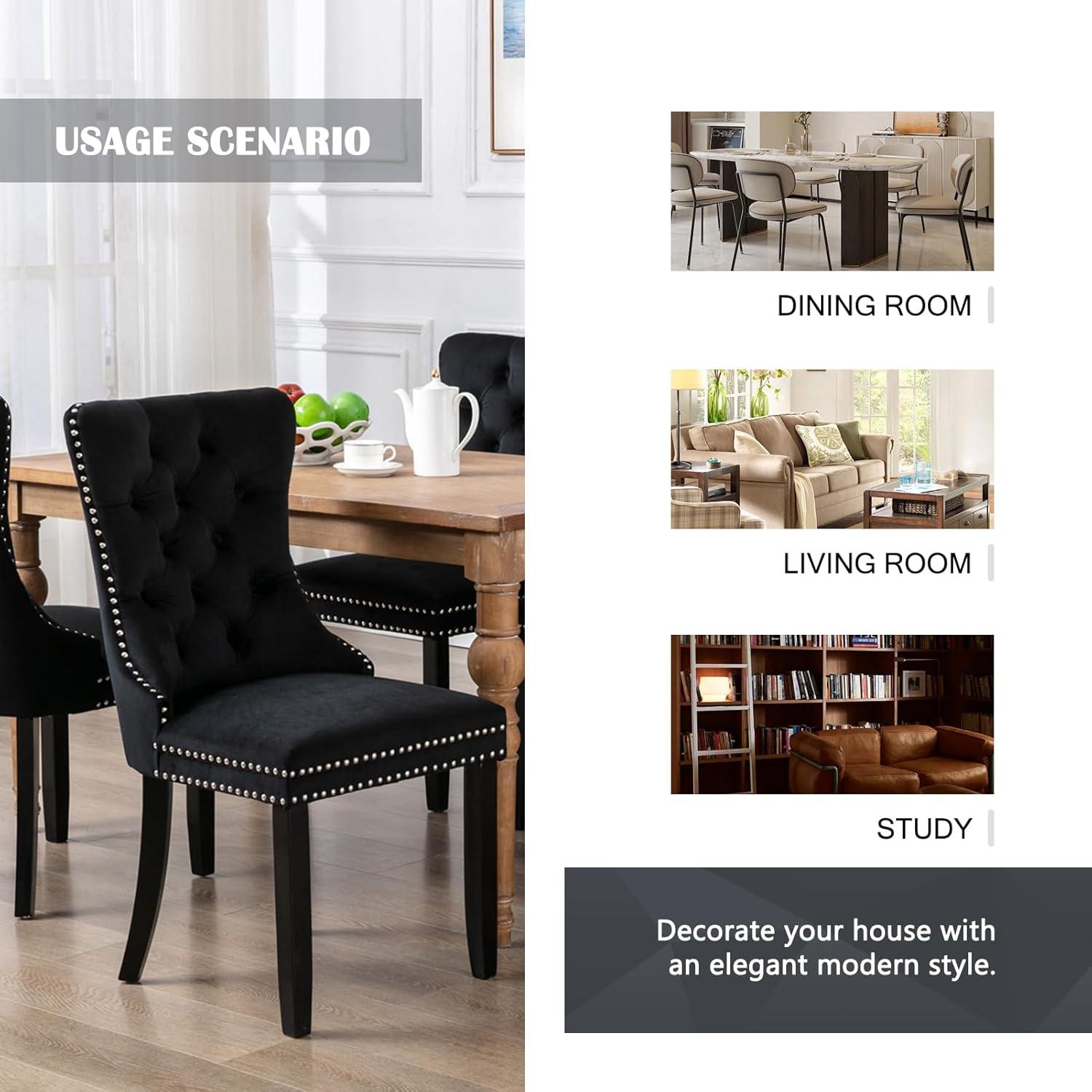 ODUSE-DAILY Black Velvet Dining Chairs Set of 2, Kitchen & Dining Room Chairs, Sillas De Comedor, Nailheads Tufted, Velvet Upholstered, Solid Wood (Black, 2 Pcs)