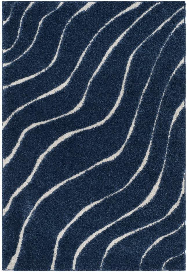 Florida Shag SG472 Power Loomed Indoor Area Rug - Dark Blue/Cream - 6'7"x6'7" - Safavieh
