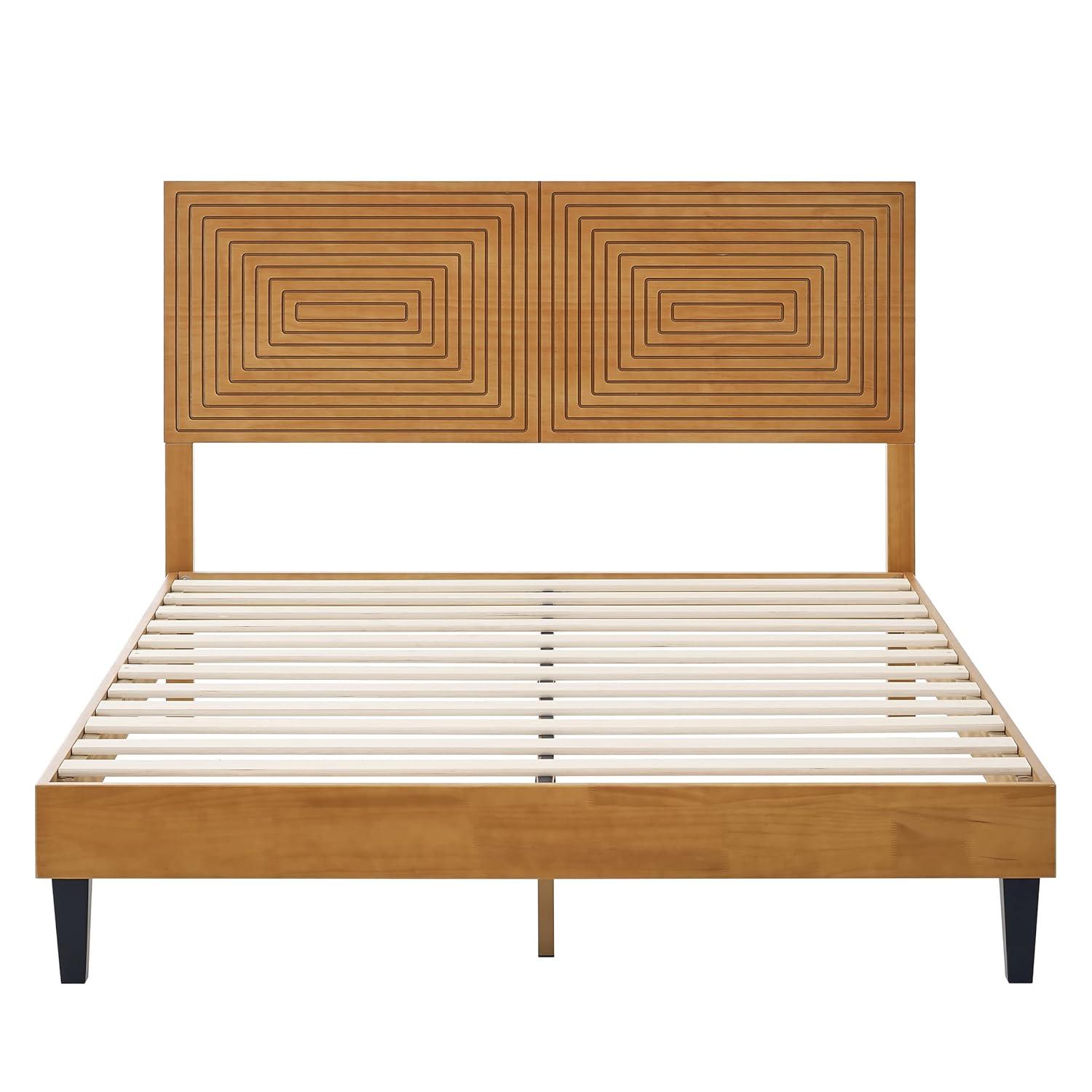MUSEHOMEINC Solid Wood Queen Size Bed Frame with Adjustable Height Headboard, Mid Century Modern Style, Mattress Foundation with Wooden Slat Support,No Box Spring Needed,Easy Assembly (Queen)