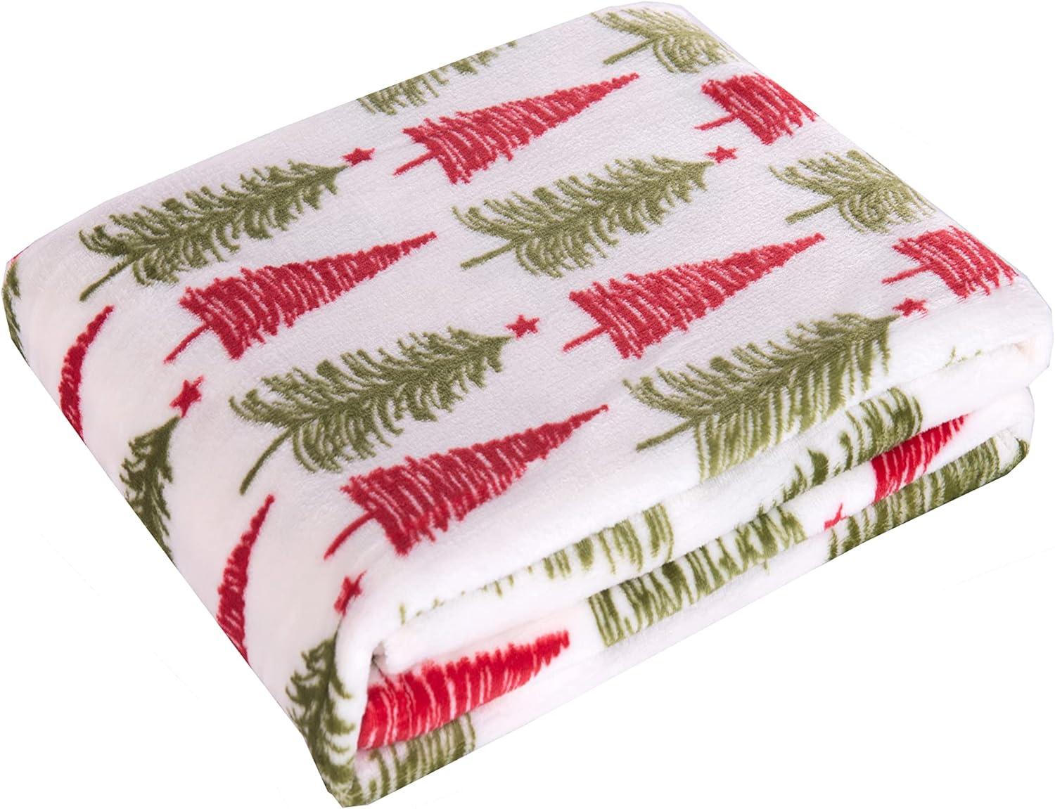 Velvet Touch Ultra Plush Christmas Holiday Printed Fleece Throw/Blanket-50 x 60inch, (Cream Christmas Tree), 50 x 60 inch