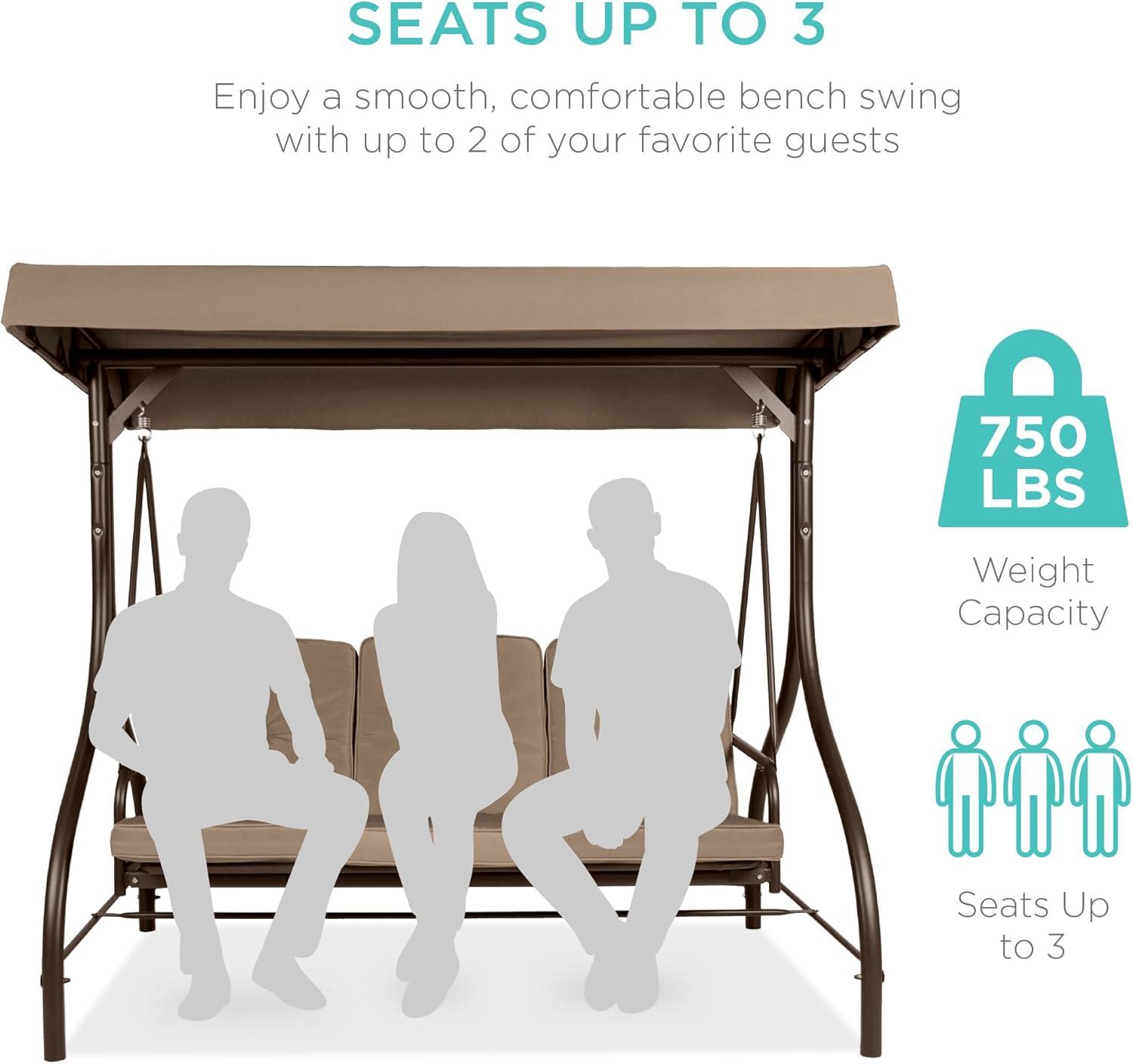 Best Choice Products 3-Seat Outdoor Converting Canopy Swing Glider Patio Hammock w/ Removable Cushions - Desert Taupe