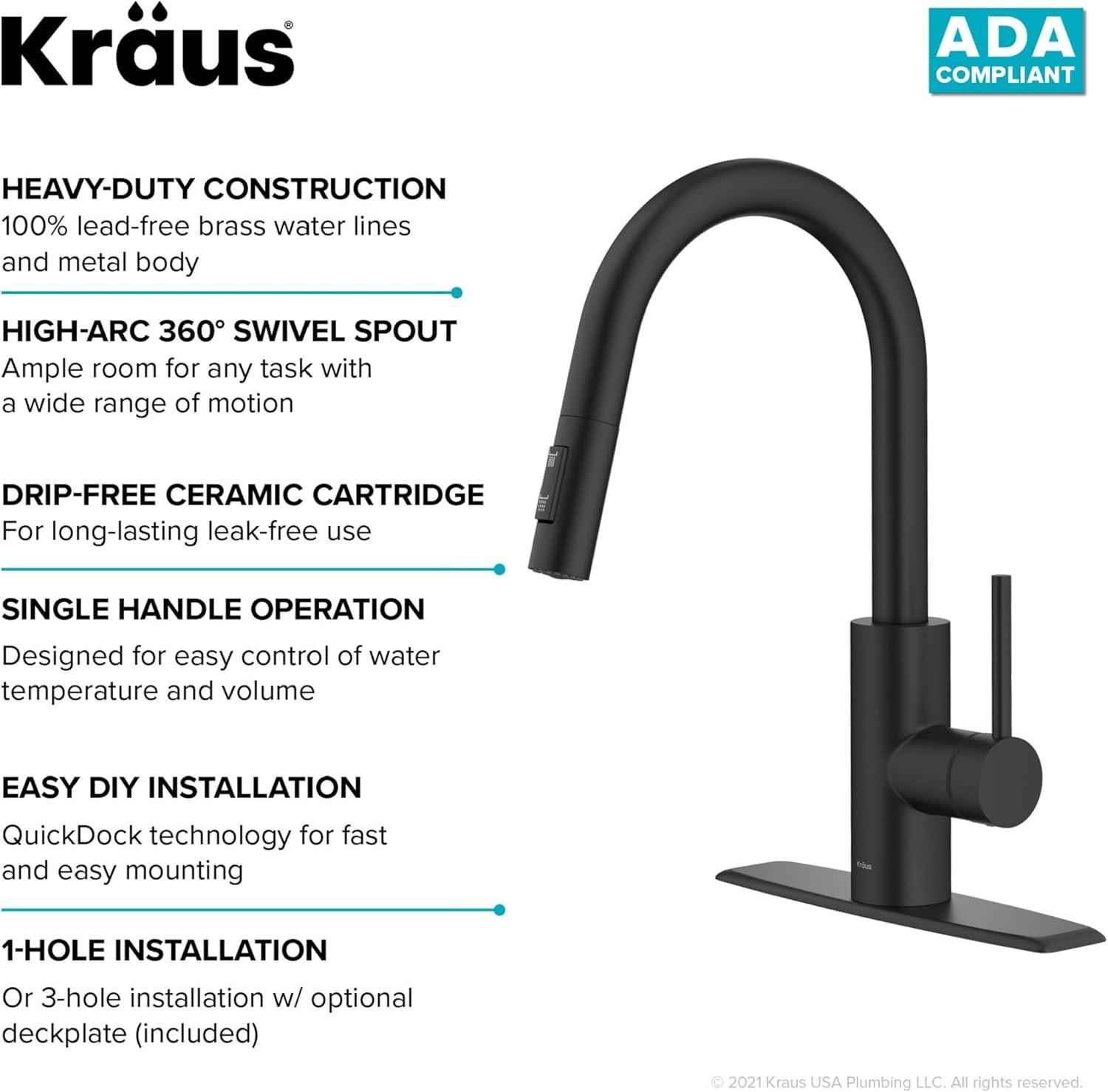 KRAUS Oletto Single Handle Pull Down Kitchen Faucet with QuickDock Top Mount Installation Assembly