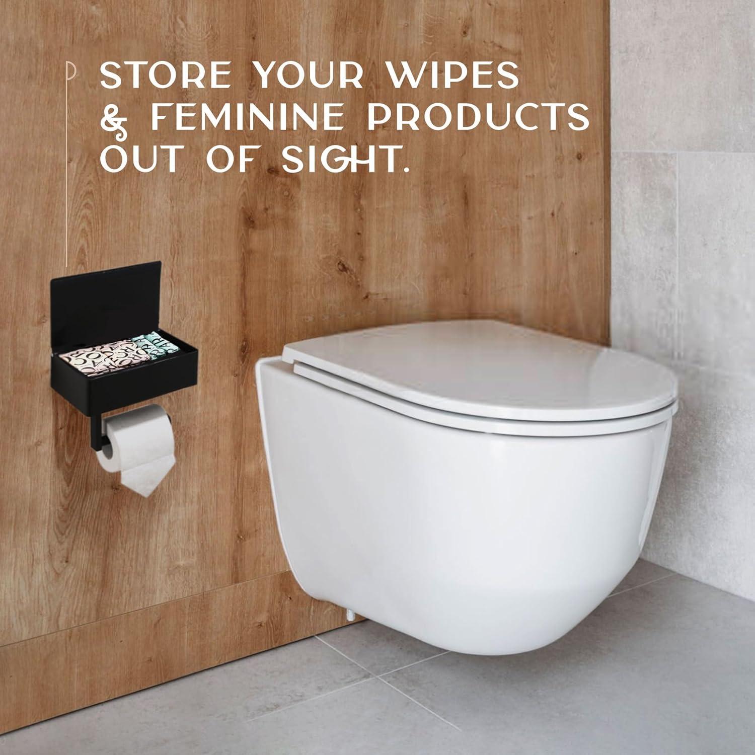 Large Matte Black Stainless Steel Toilet Paper Holder with Shelf