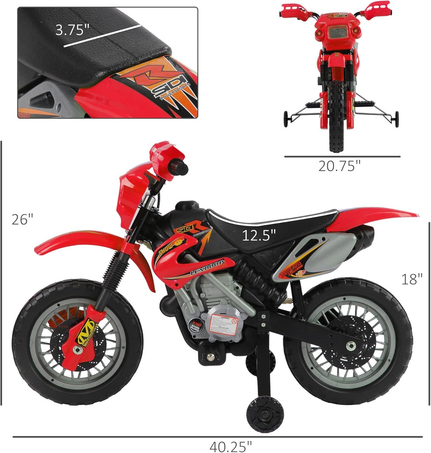 Aosom 6V Kids Motorcycle Dirt Bike, Electric Ride on Toy, Off-road Street Bike with Training Wheels Music Lights, for 5-8 Years, Red