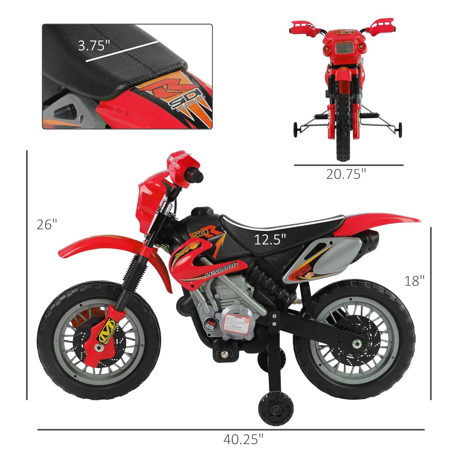 Aosom 6V Kids Motorcycle Dirt Bike, Electric Ride on Toy, Off-road Street Bike with Training Wheels Music Lights, for 5-8 Years, Red